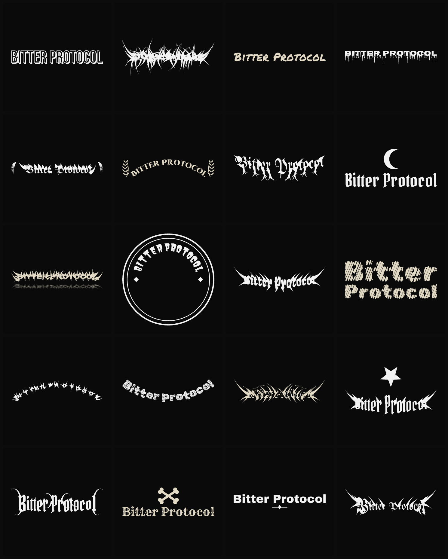 Twenty Bitter Protocol band logo ideas — different faces, treatments and spike settings