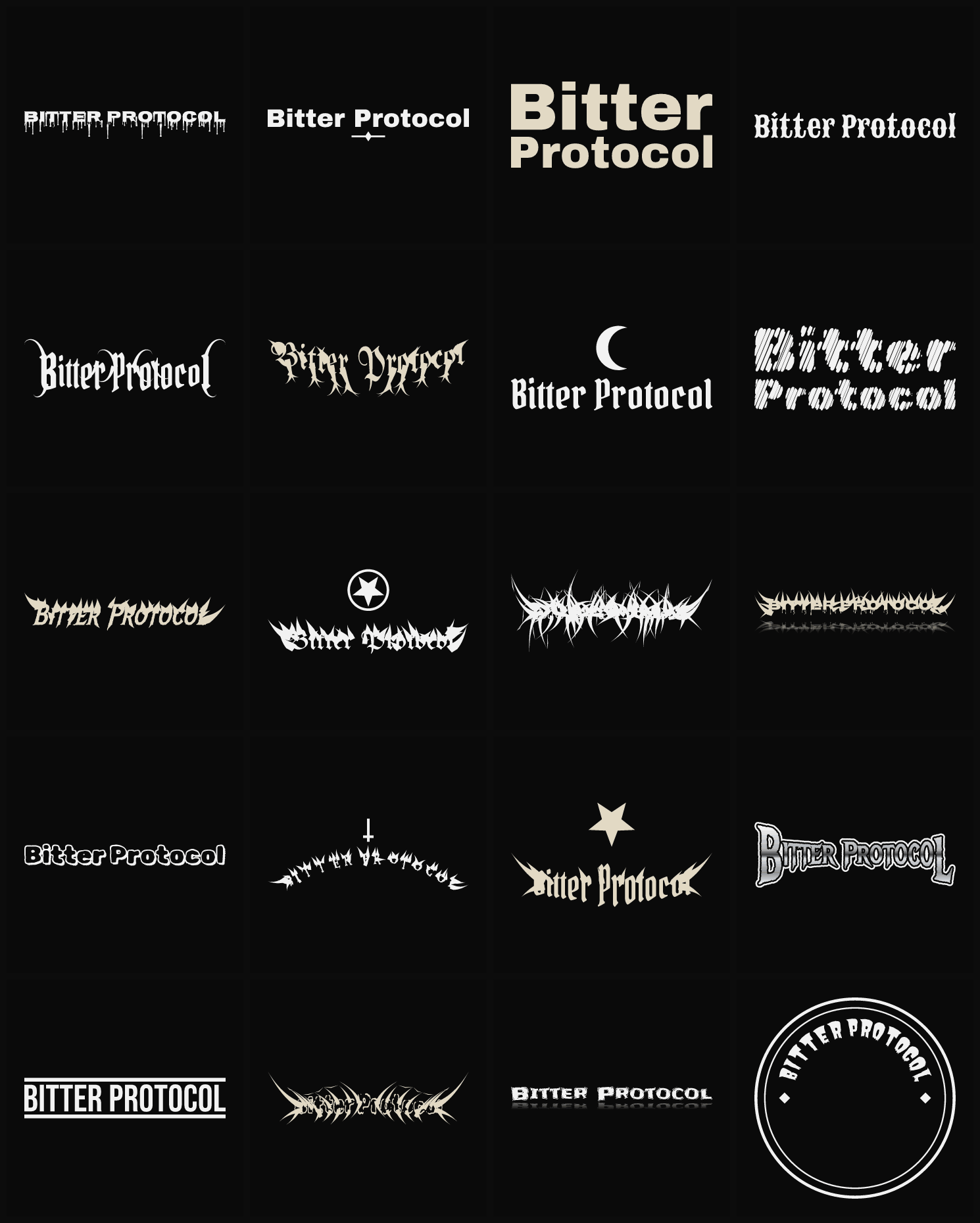 Twenty Bitter Protocol band logo ideas — different faces, treatments and spike settings