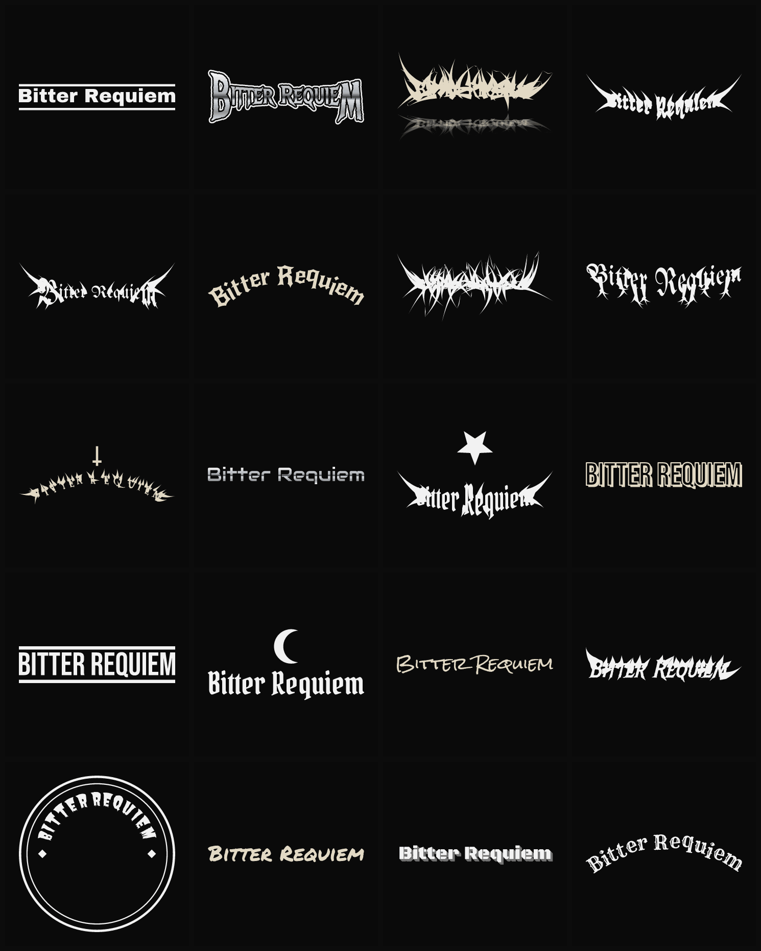 Twenty Bitter Requiem band logo ideas — different faces, treatments and spike settings