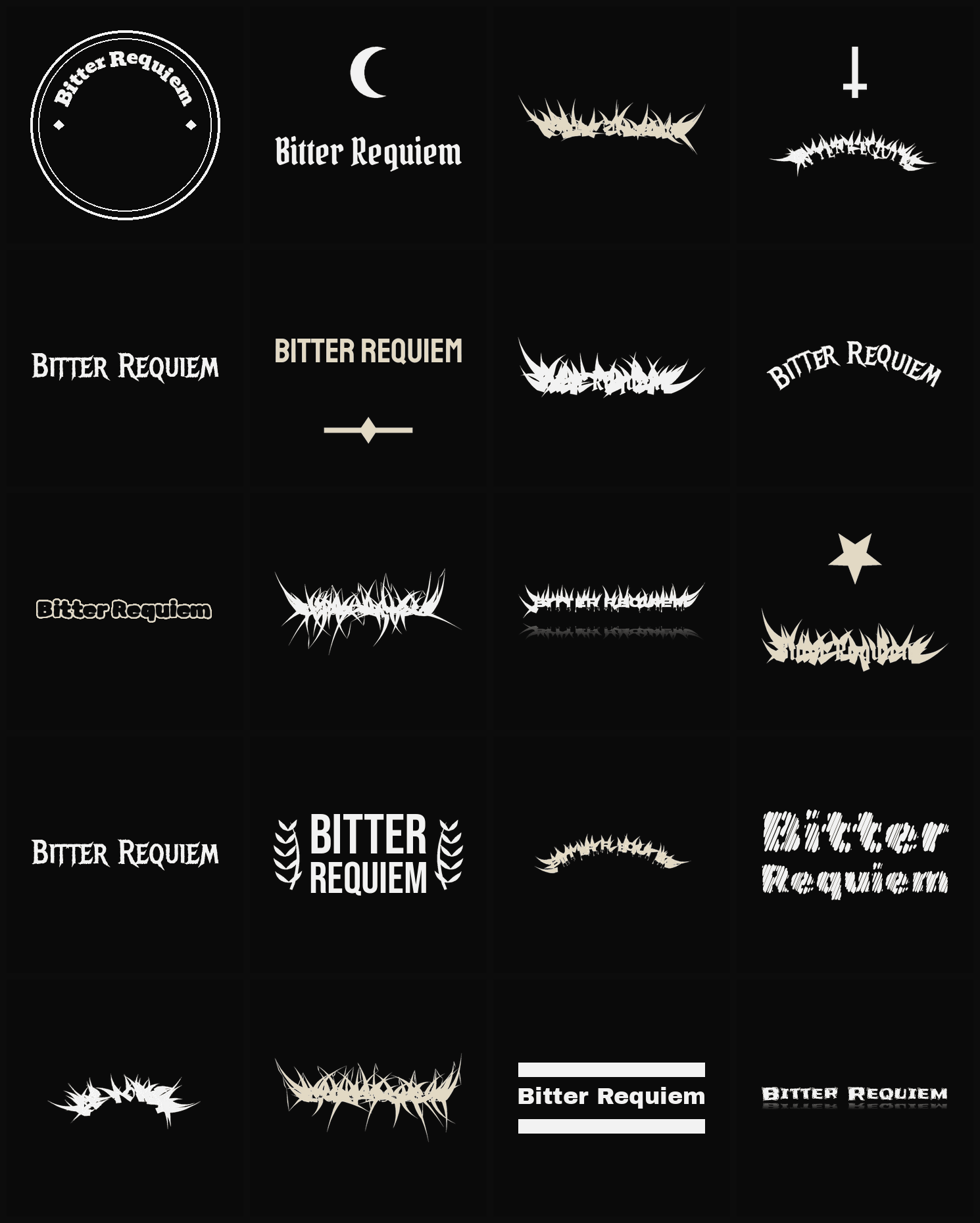 Twenty Bitter Requiem band logo ideas — different faces, treatments and spike settings