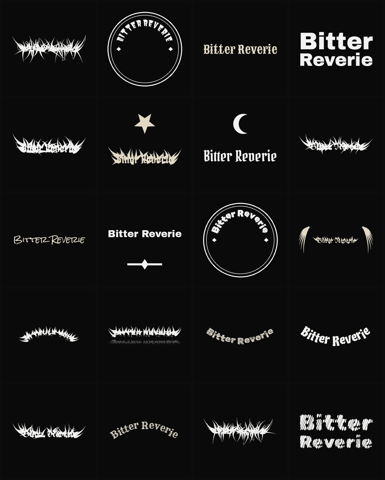 Twenty Bitter Reverie band logo ideas — different faces, treatments and spike settings