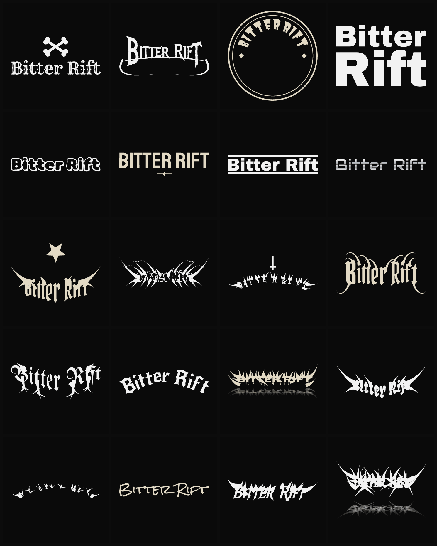 Twenty Bitter Rift band logo ideas — different faces, treatments and spike settings