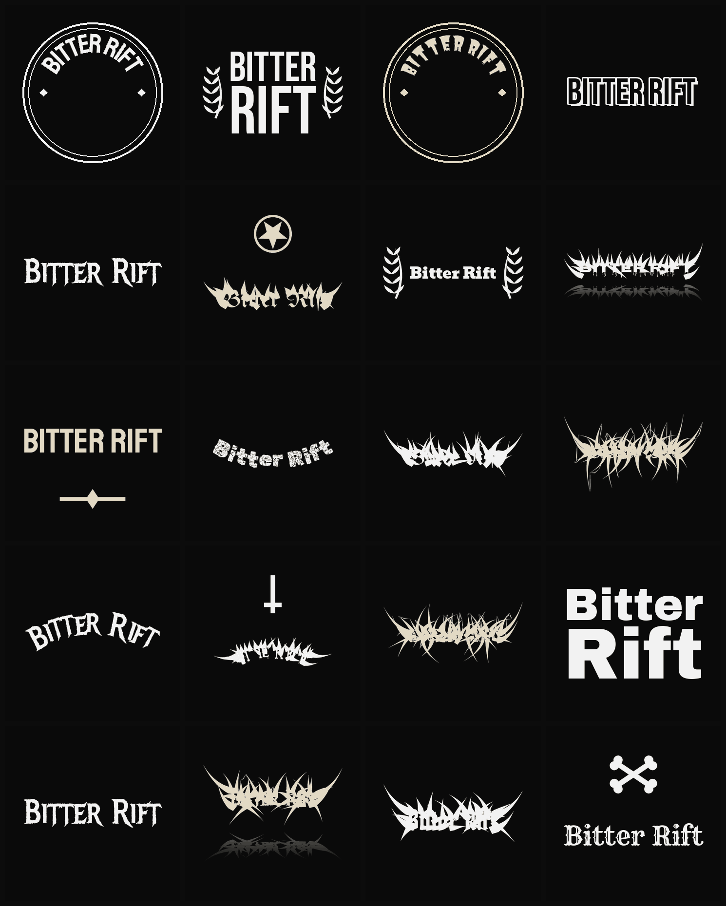 Twenty Bitter Rift band logo ideas — different faces, treatments and spike settings