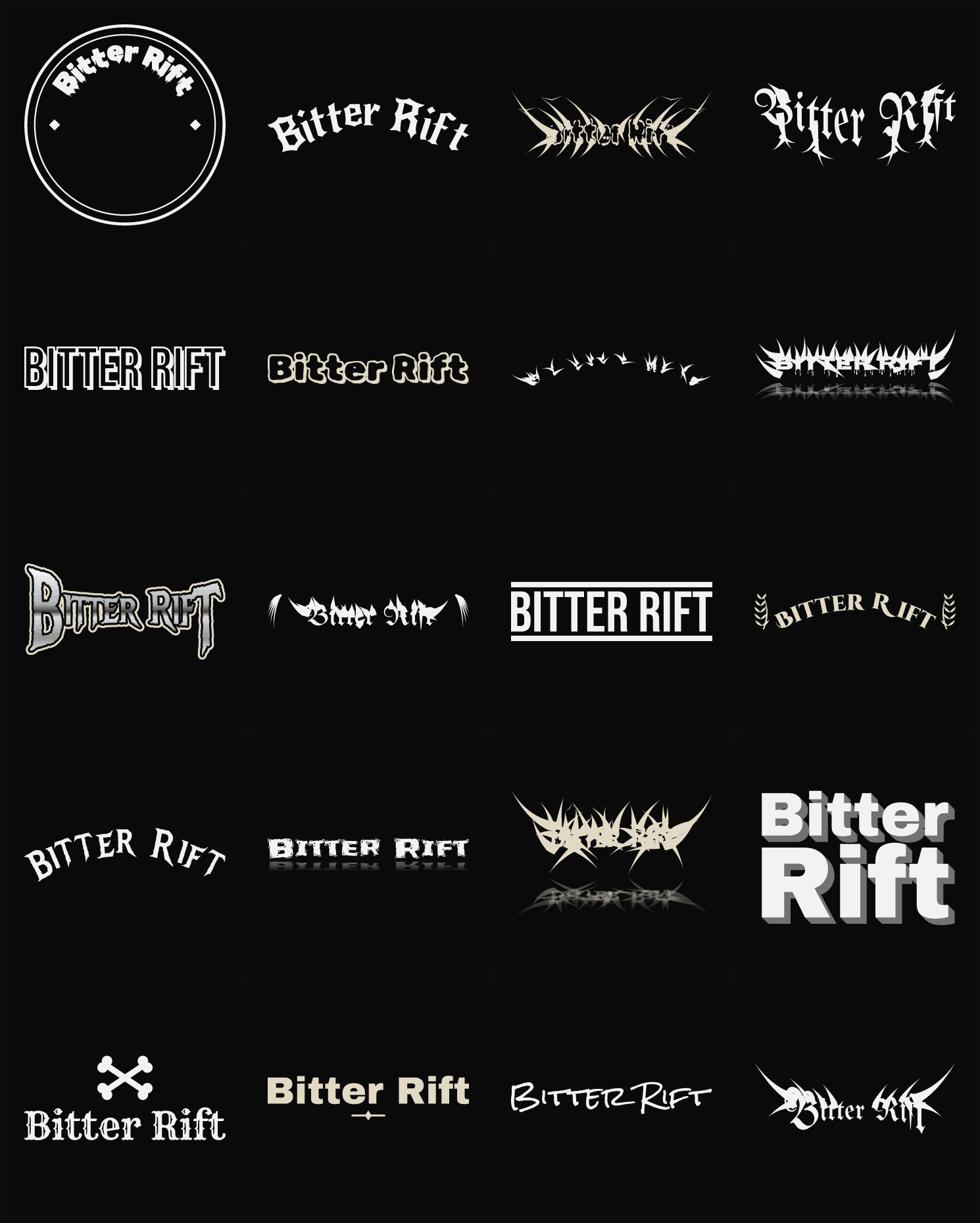 Twenty Bitter Rift band logo ideas — different faces, treatments and spike settings