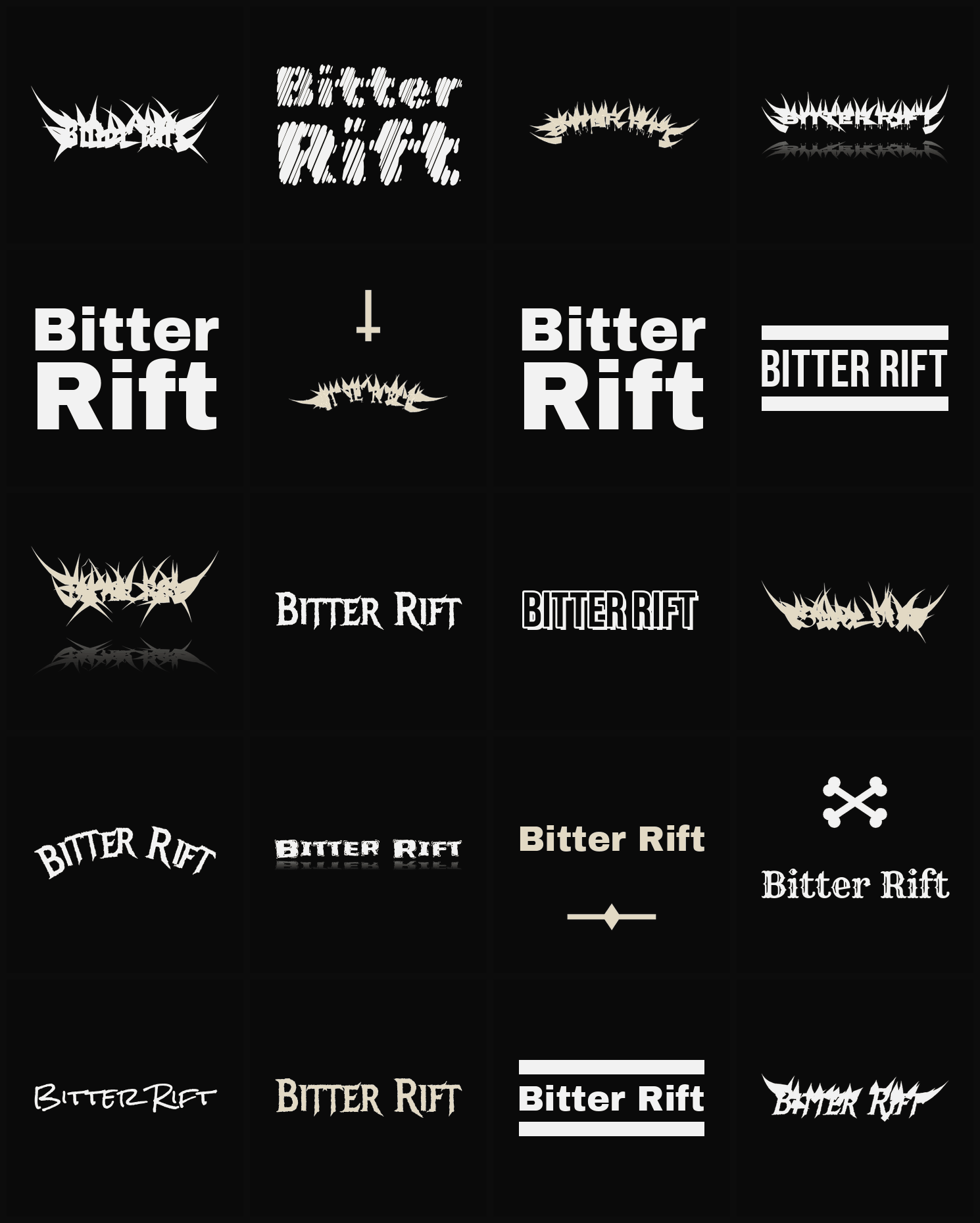 Twenty Bitter Rift band logo ideas — different faces, treatments and spike settings