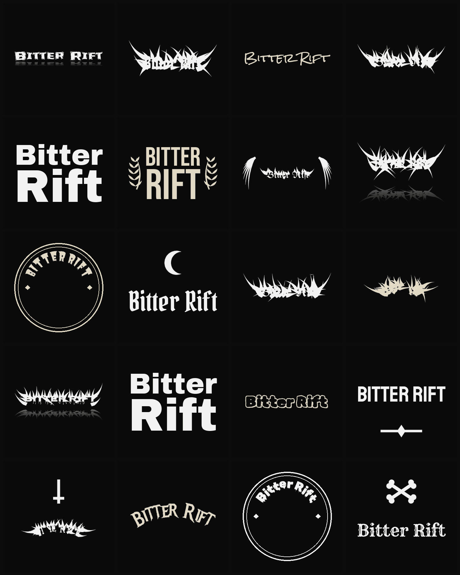 Twenty Bitter Rift band logo ideas — different faces, treatments and spike settings