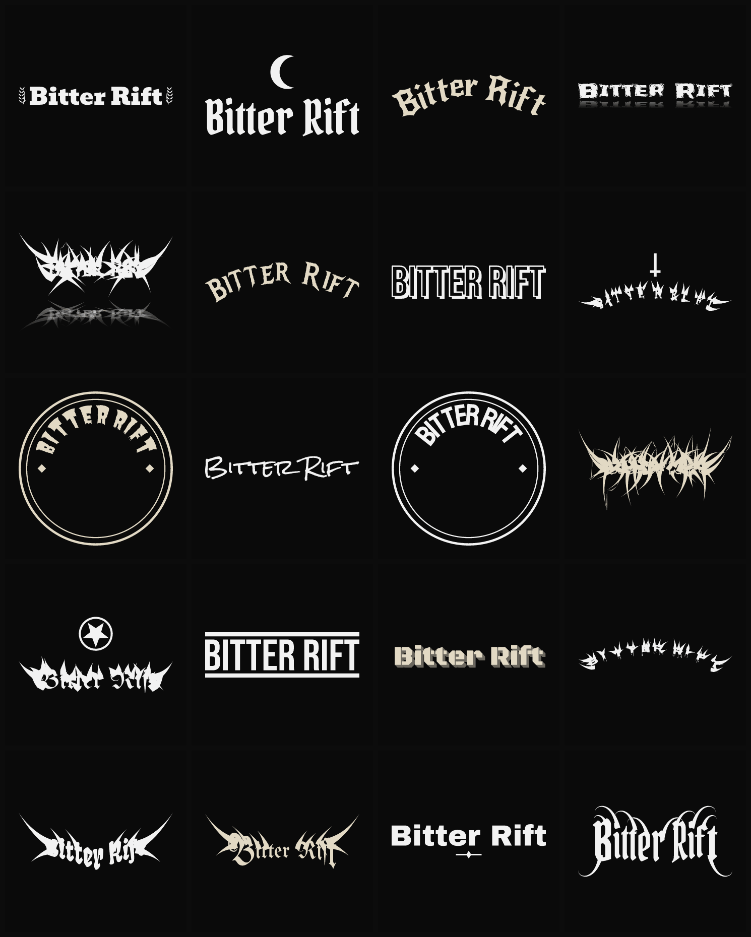 Twenty Bitter Rift band logo ideas — different faces, treatments and spike settings