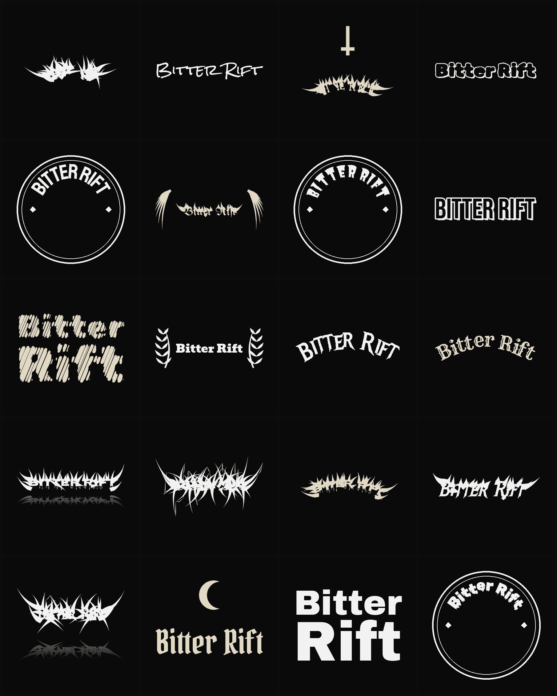 Twenty Bitter Rift band logo ideas — different faces, treatments and spike settings