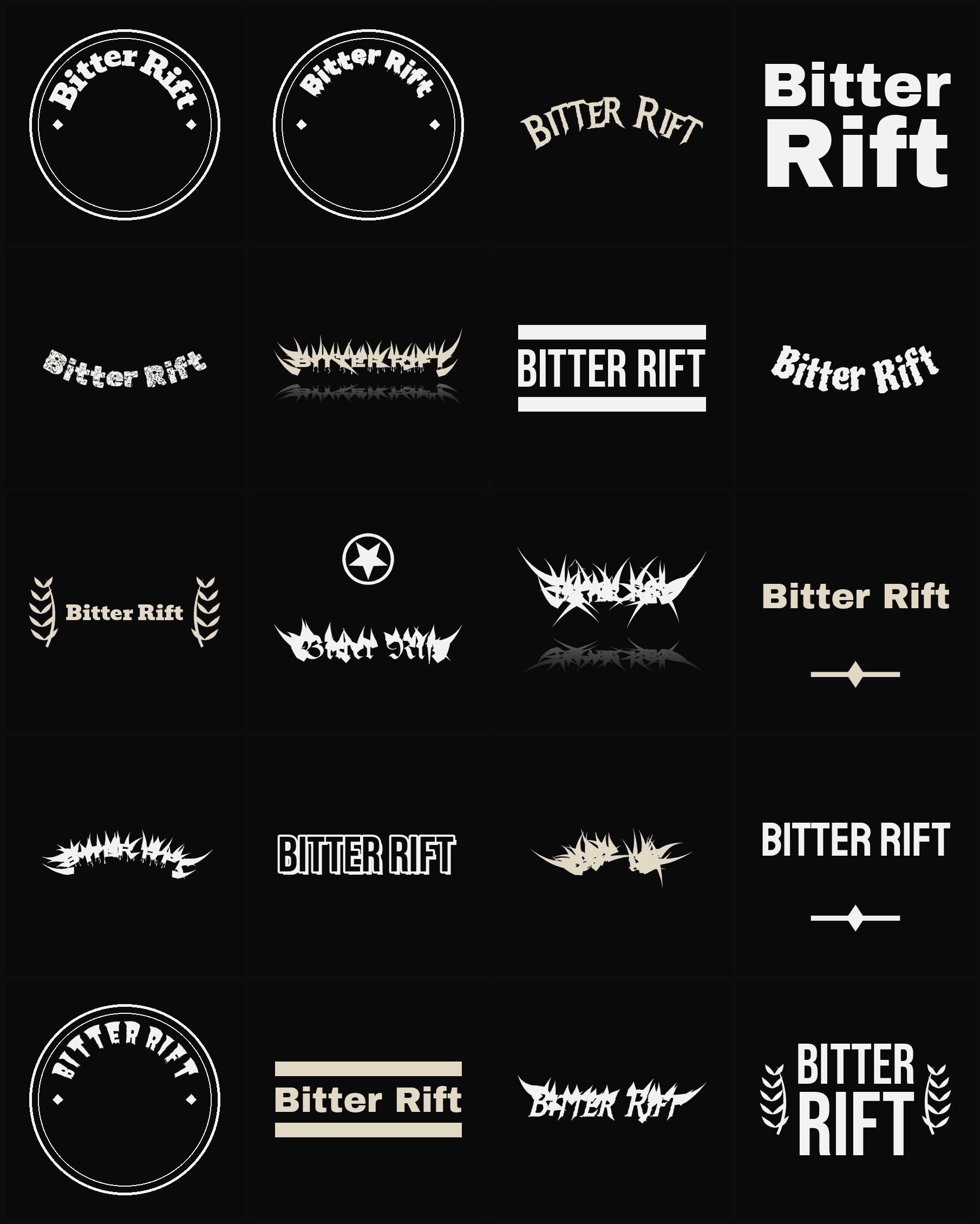 Twenty Bitter Rift band logo ideas — different faces, treatments and spike settings
