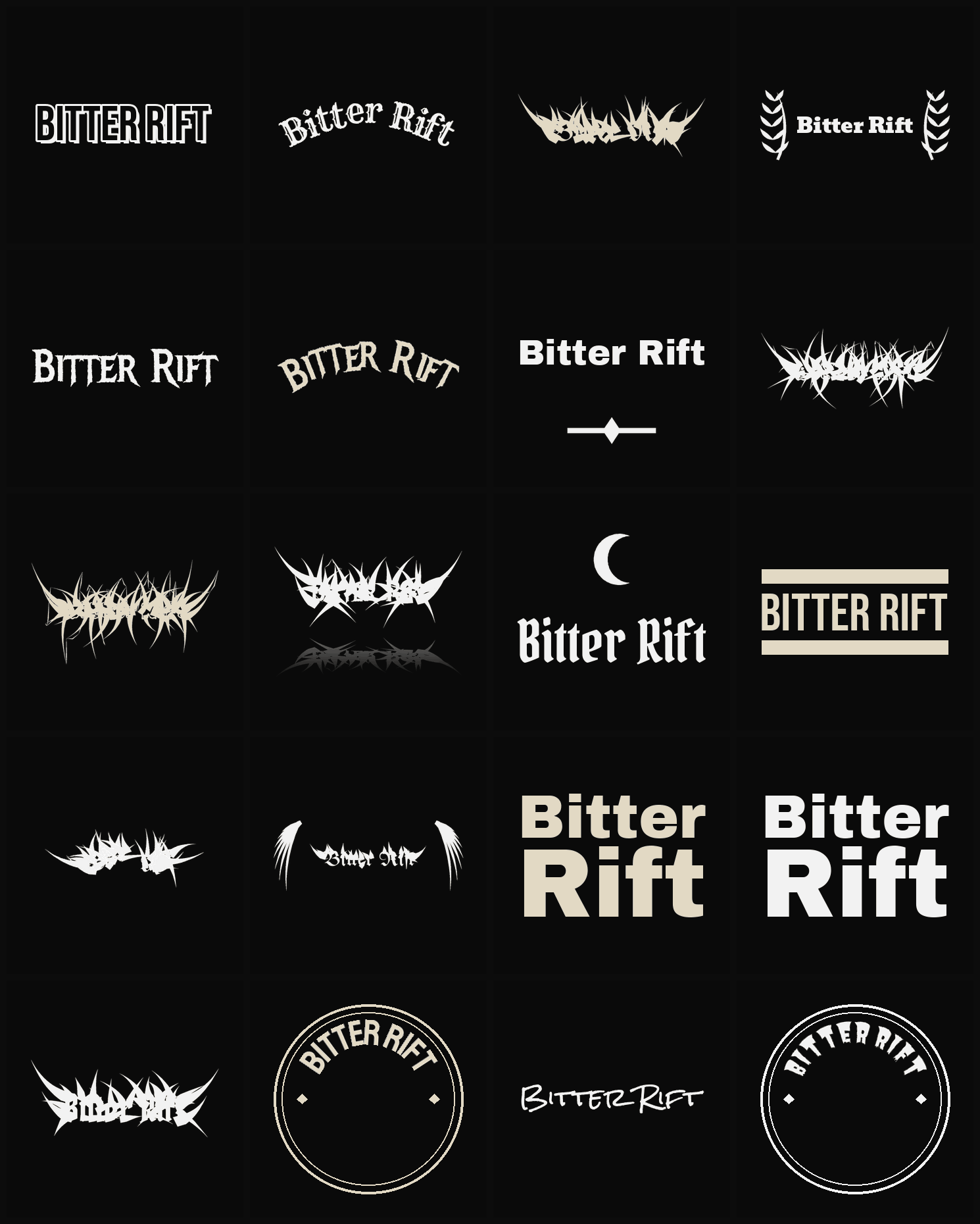 Twenty Bitter Rift band logo ideas — different faces, treatments and spike settings