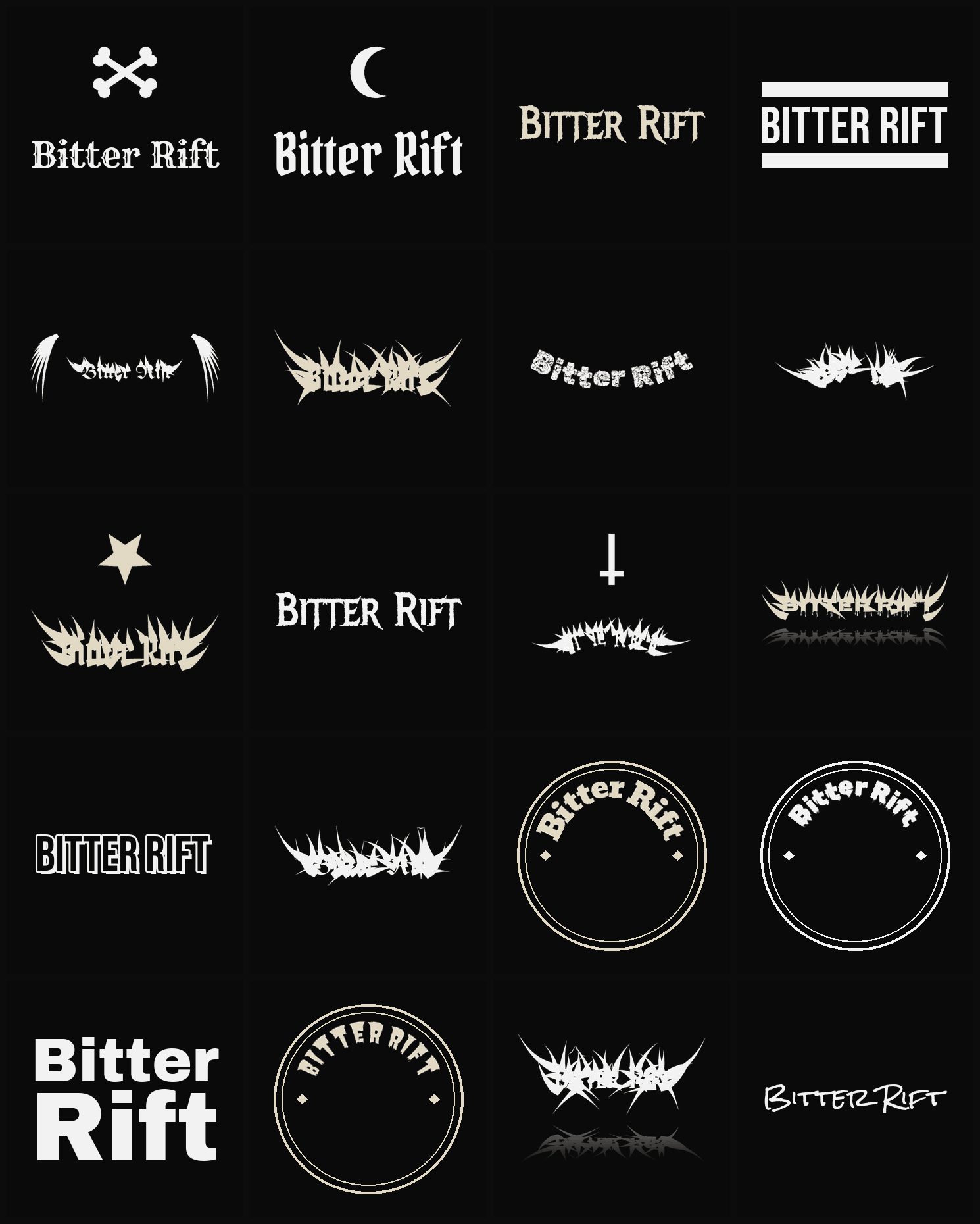 Twenty Bitter Rift band logo ideas — different faces, treatments and spike settings