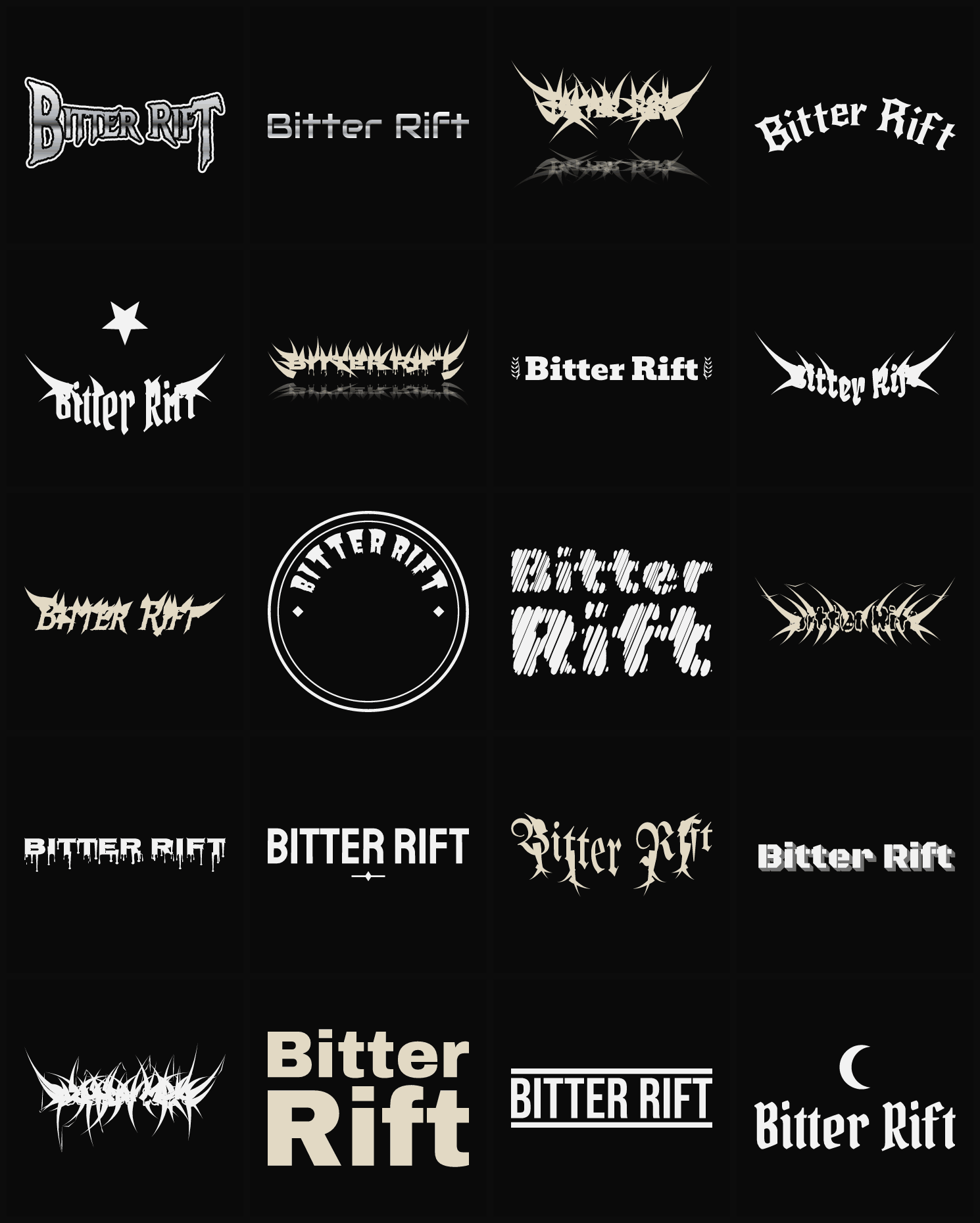 Twenty Bitter Rift band logo ideas — different faces, treatments and spike settings