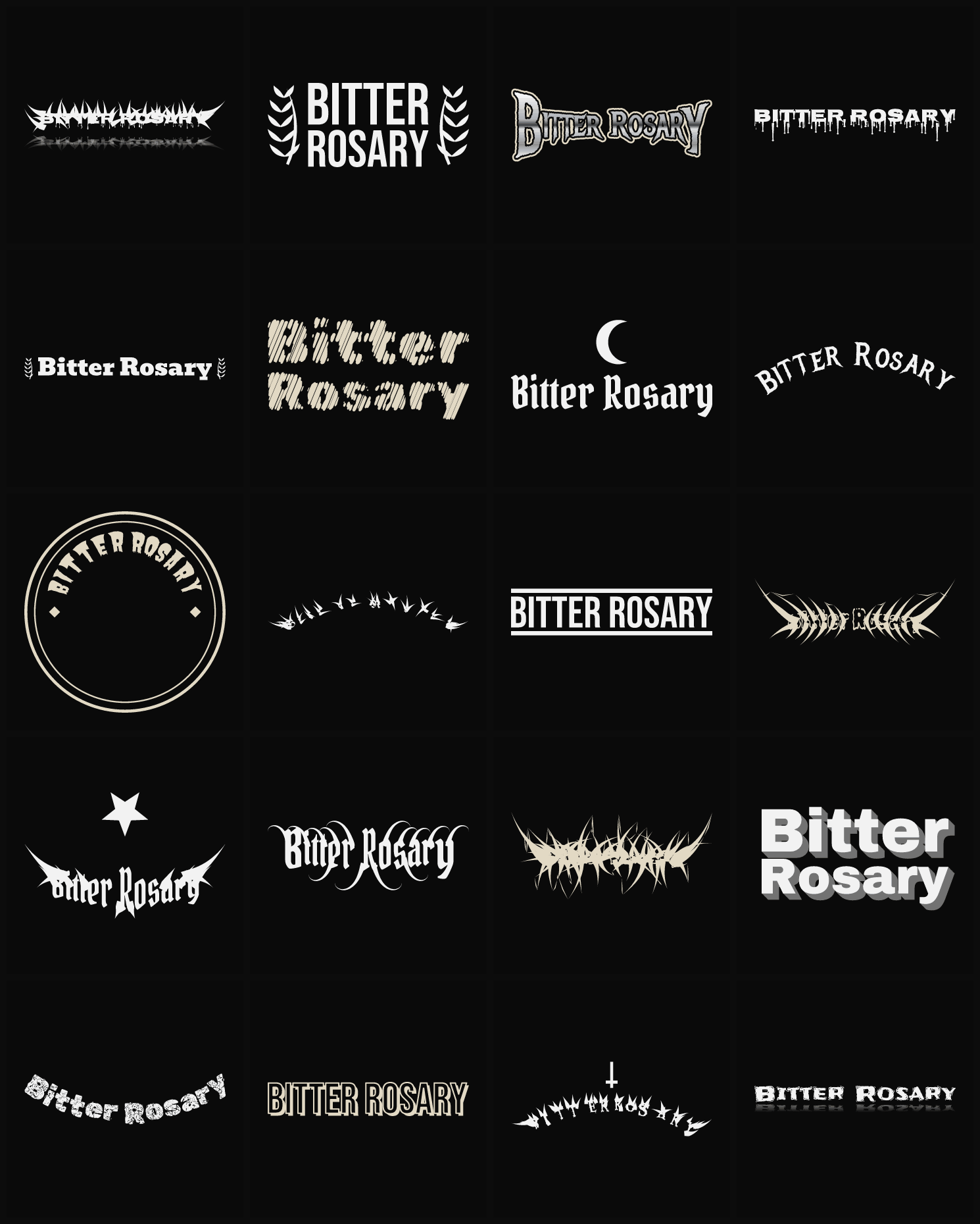 Twenty Bitter Rosary band logo ideas — different faces, treatments and spike settings