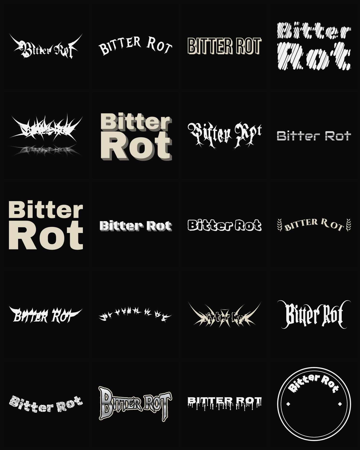 Twenty Bitter Rot band logo ideas — different faces, treatments and spike settings