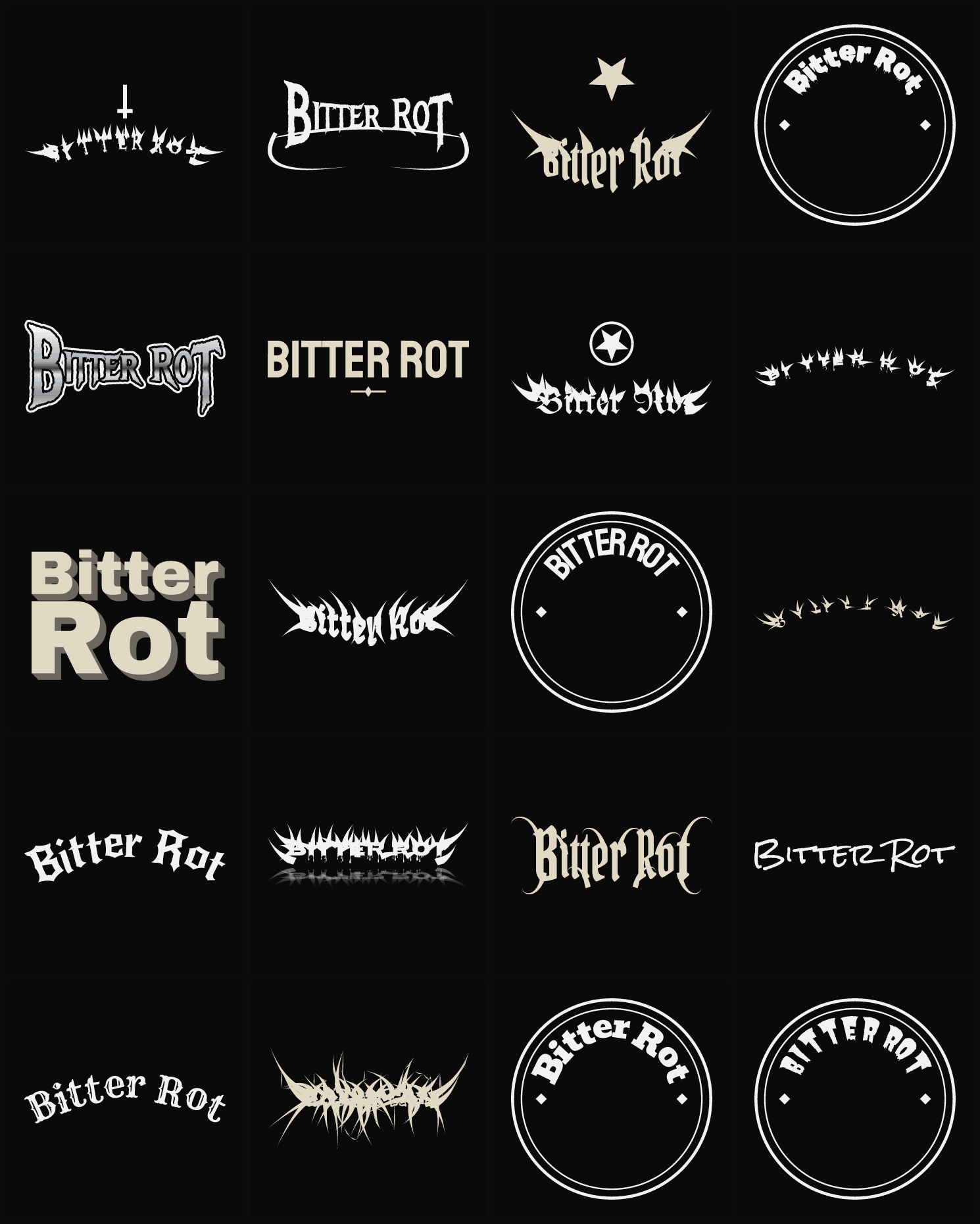 Twenty Bitter Rot band logo ideas — different faces, treatments and spike settings