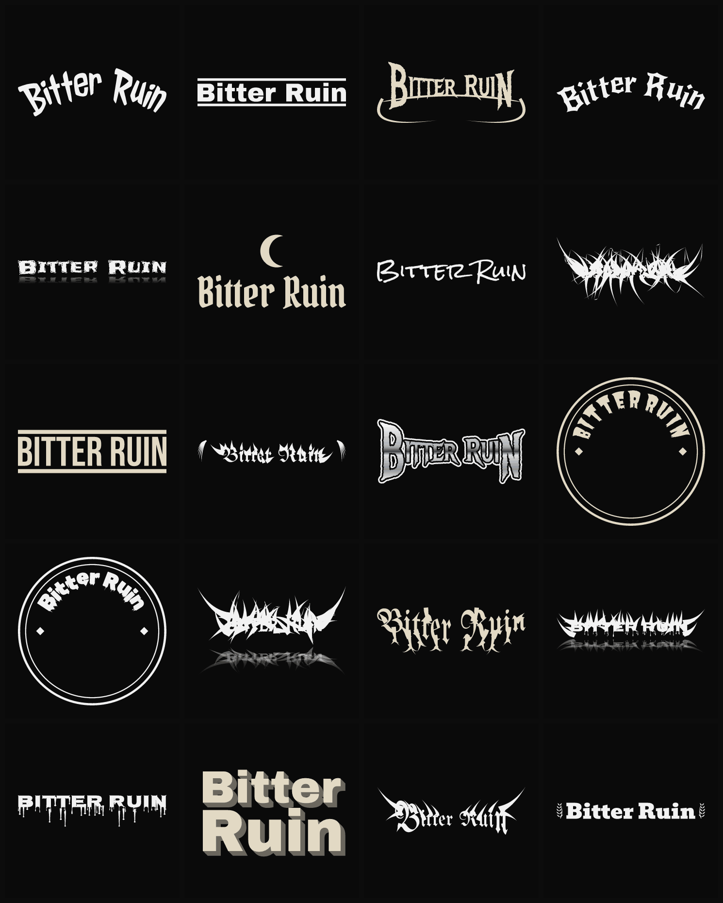 Twenty Bitter Ruin band logo ideas — different faces, treatments and spike settings