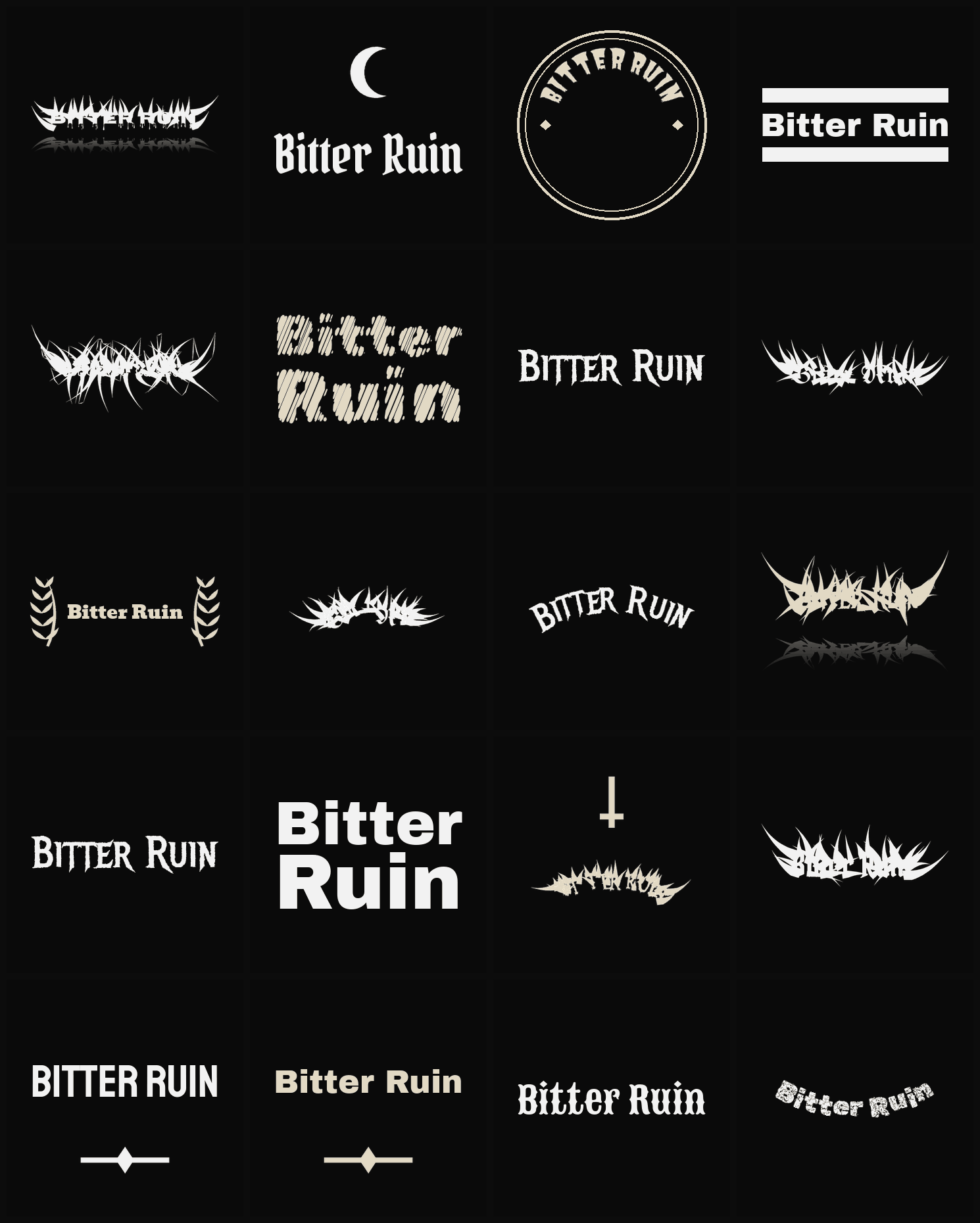 Twenty Bitter Ruin band logo ideas — different faces, treatments and spike settings