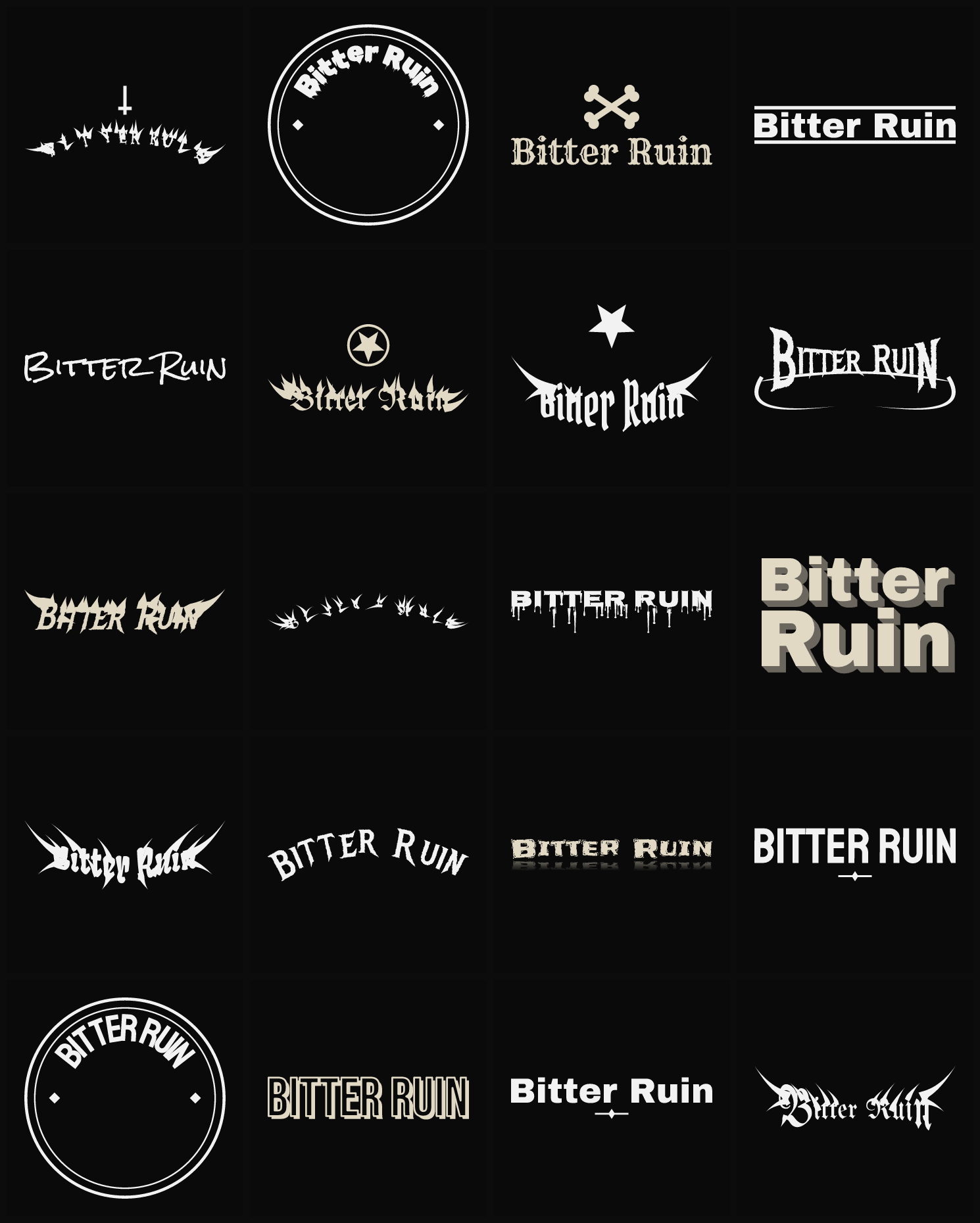 Twenty Bitter Ruin band logo ideas — different faces, treatments and spike settings