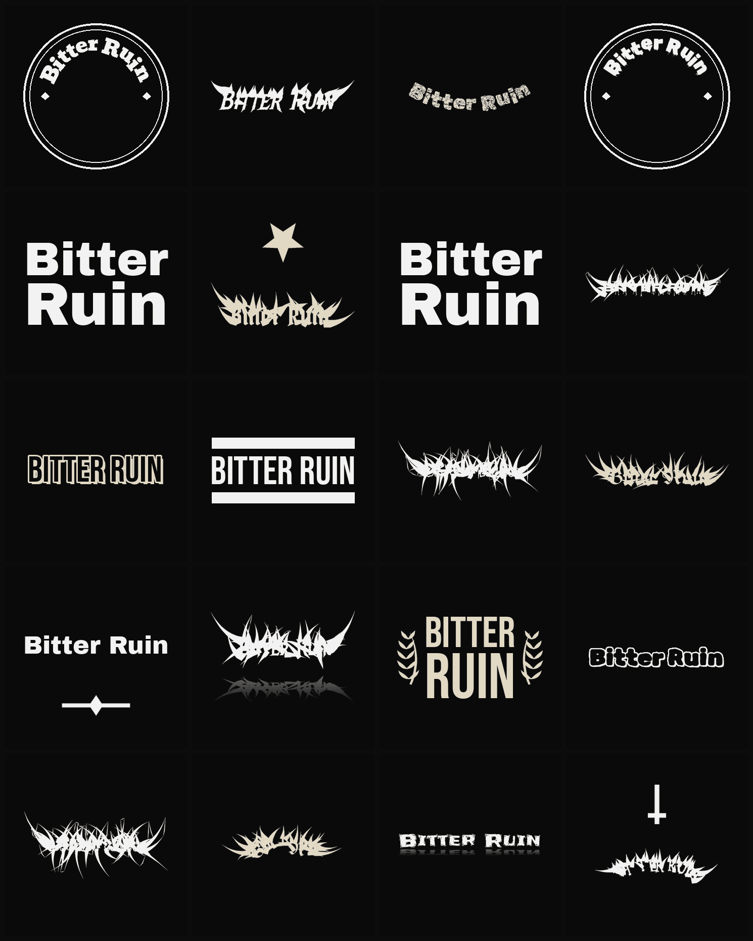 Twenty Bitter Ruin band logo ideas — different faces, treatments and spike settings