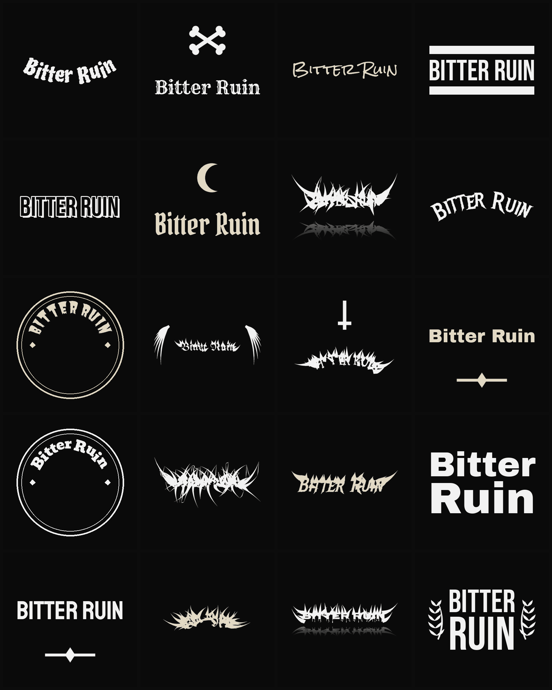 Twenty Bitter Ruin band logo ideas — different faces, treatments and spike settings