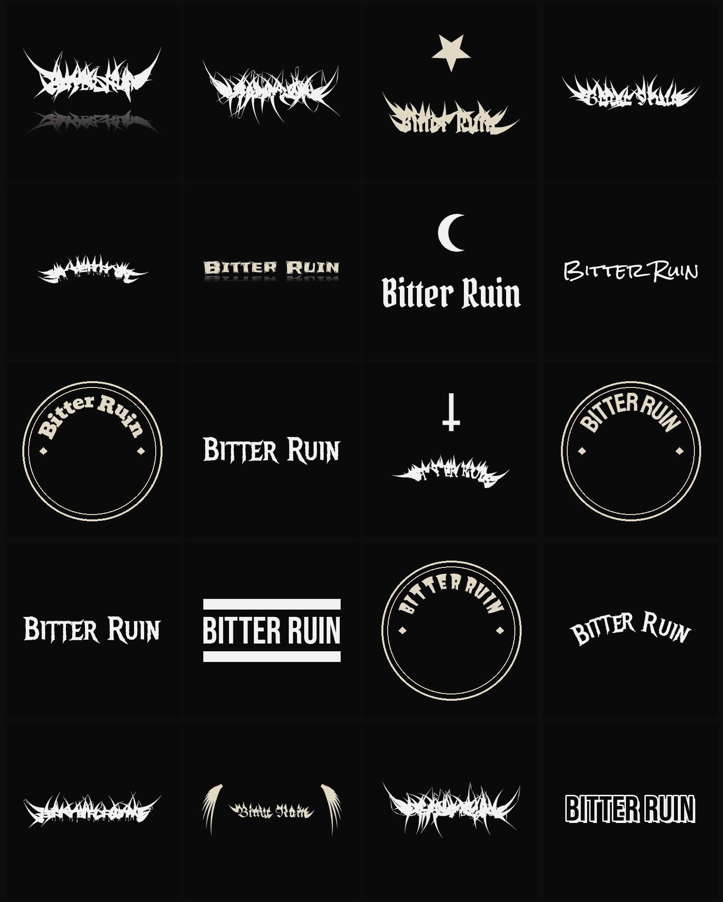 Twenty Bitter Ruin band logo ideas — different faces, treatments and spike settings