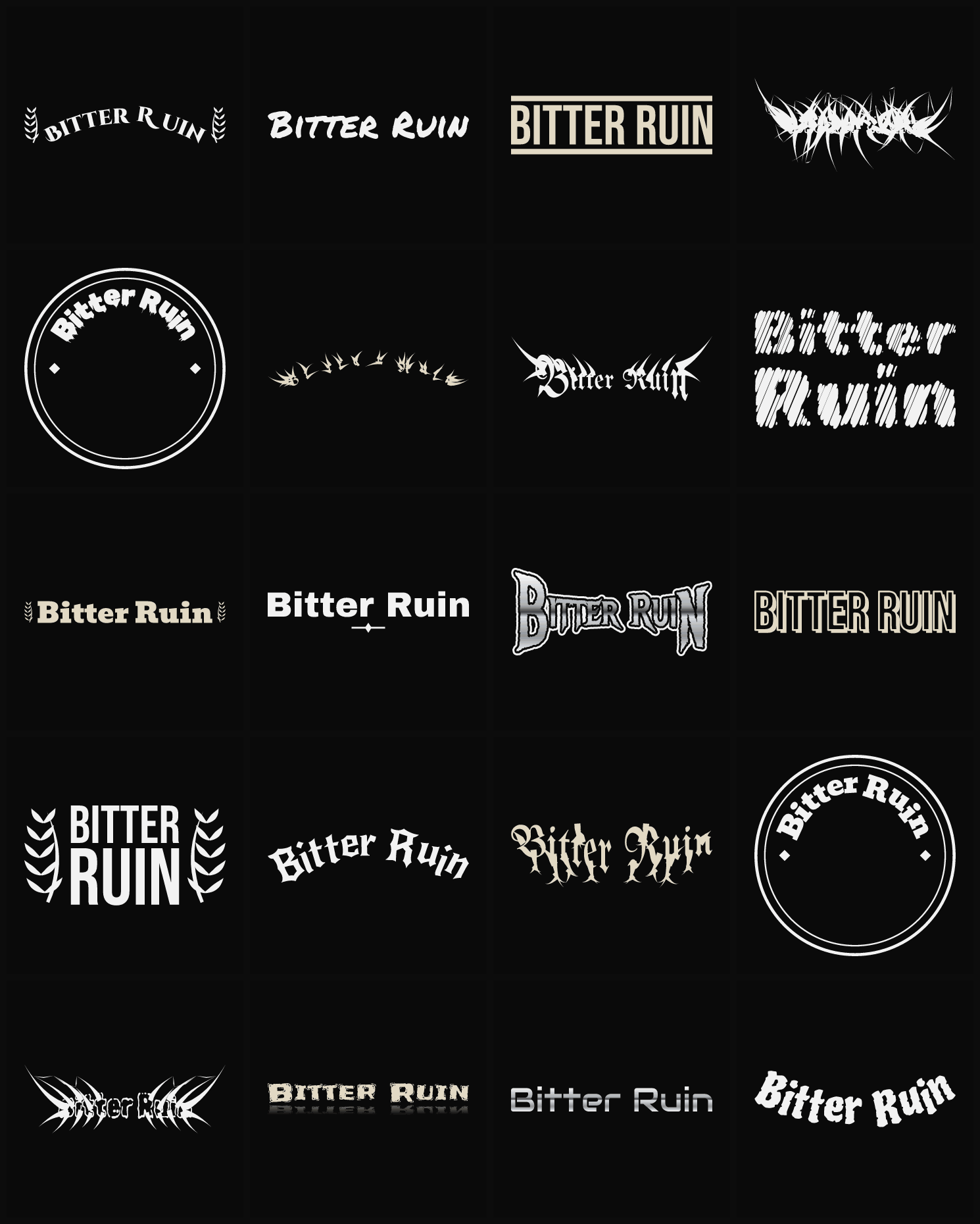 Twenty Bitter Ruin band logo ideas — different faces, treatments and spike settings