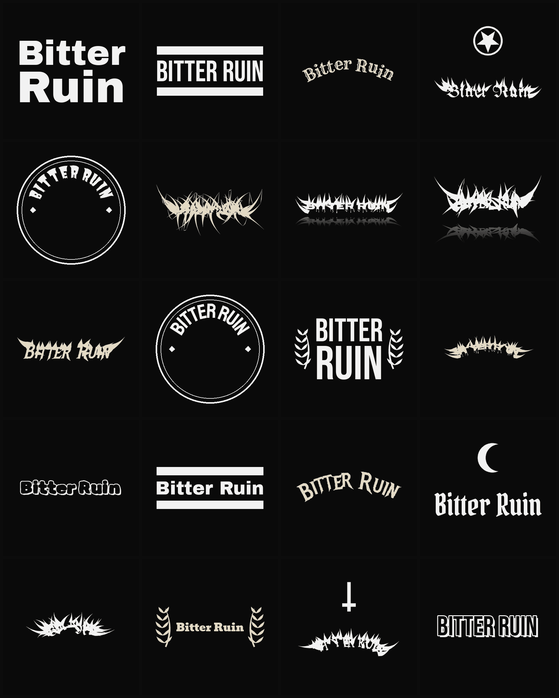 Twenty Bitter Ruin band logo ideas — different faces, treatments and spike settings