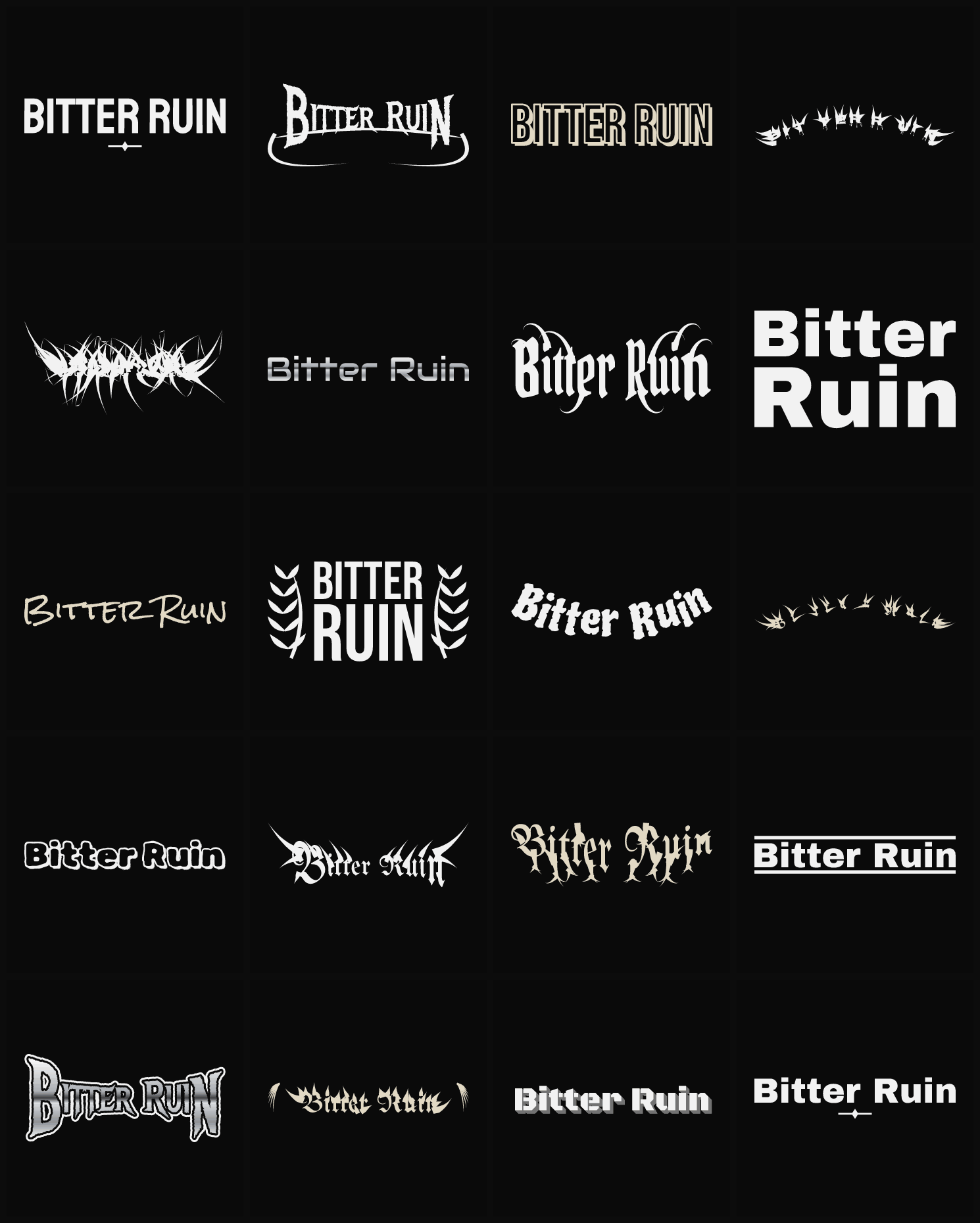 Twenty Bitter Ruin band logo ideas — different faces, treatments and spike settings