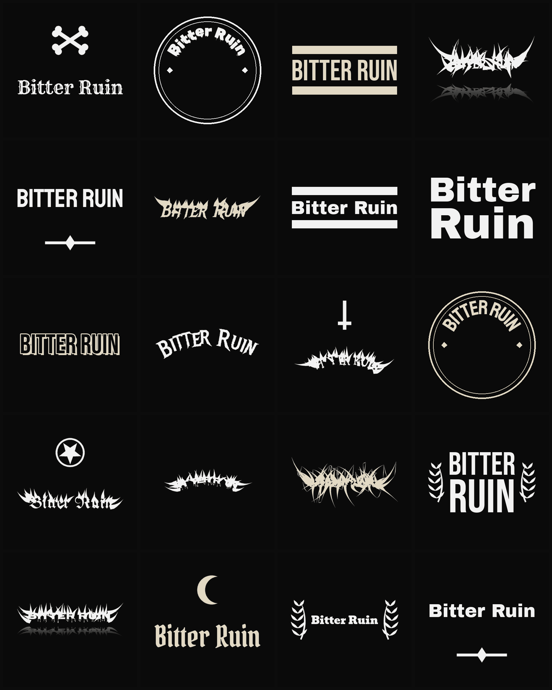 Twenty Bitter Ruin band logo ideas — different faces, treatments and spike settings
