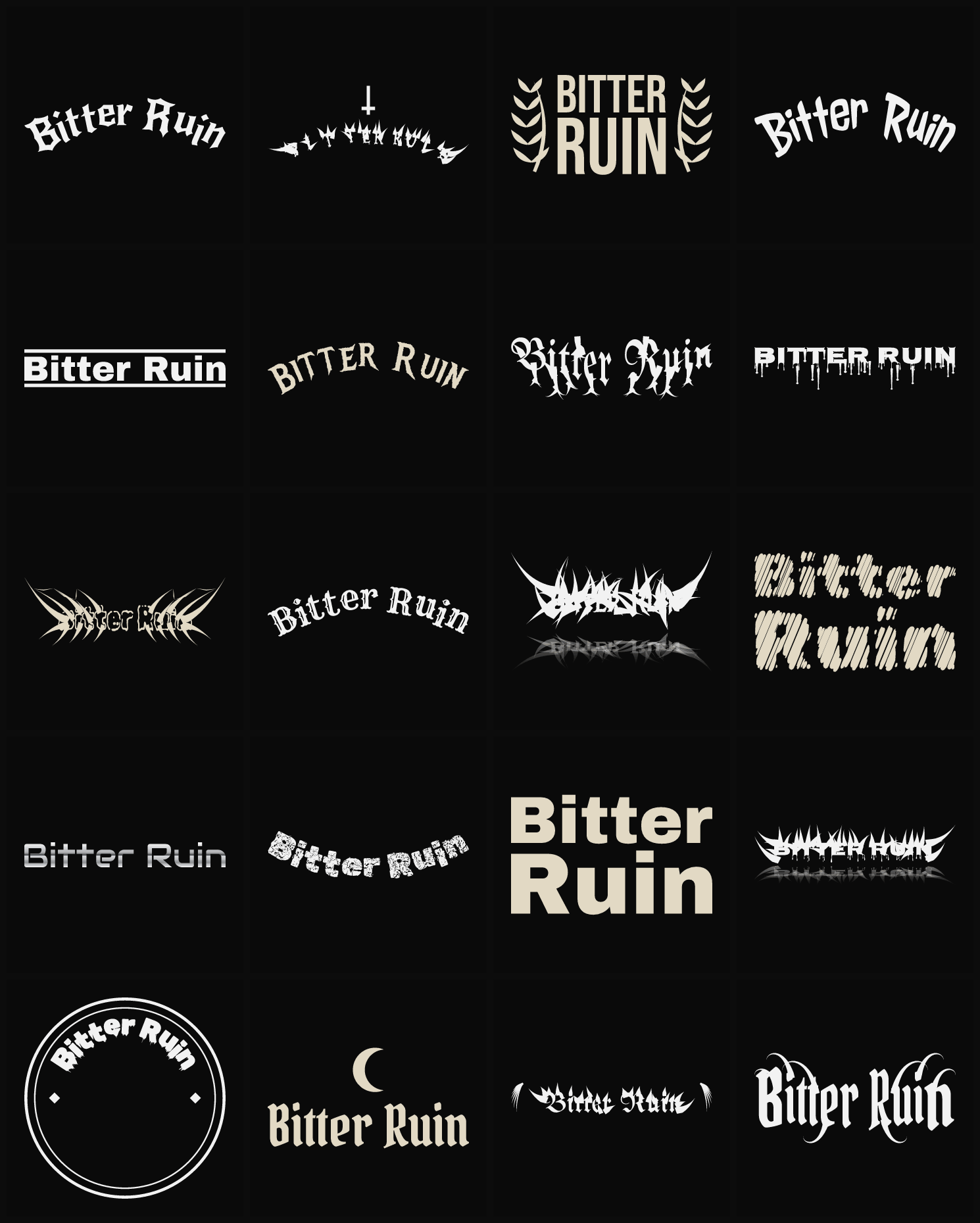 Twenty Bitter Ruin band logo ideas — different faces, treatments and spike settings