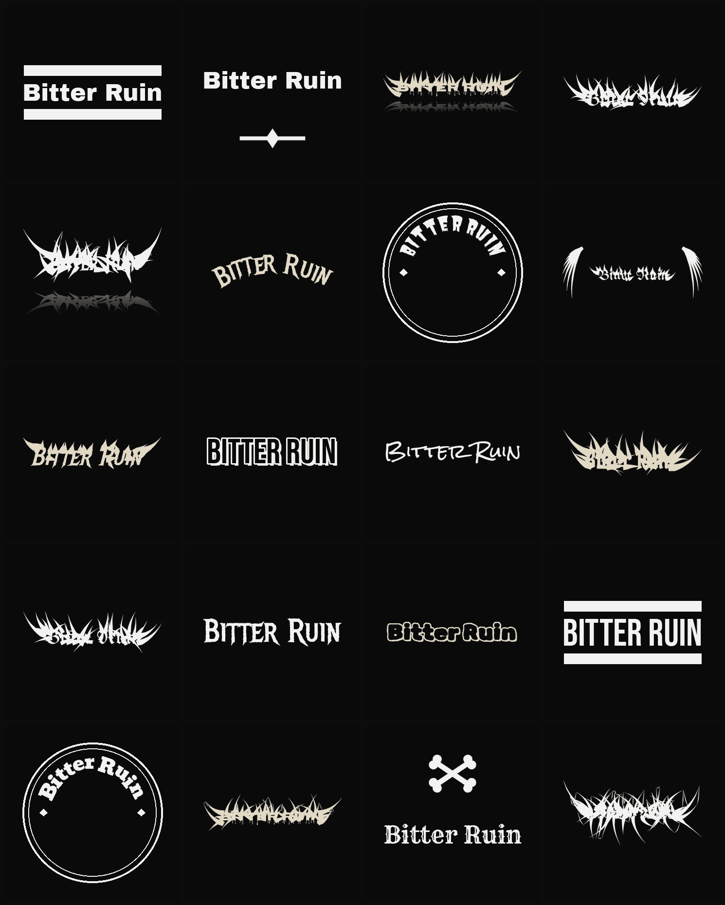 Twenty Bitter Ruin band logo ideas — different faces, treatments and spike settings