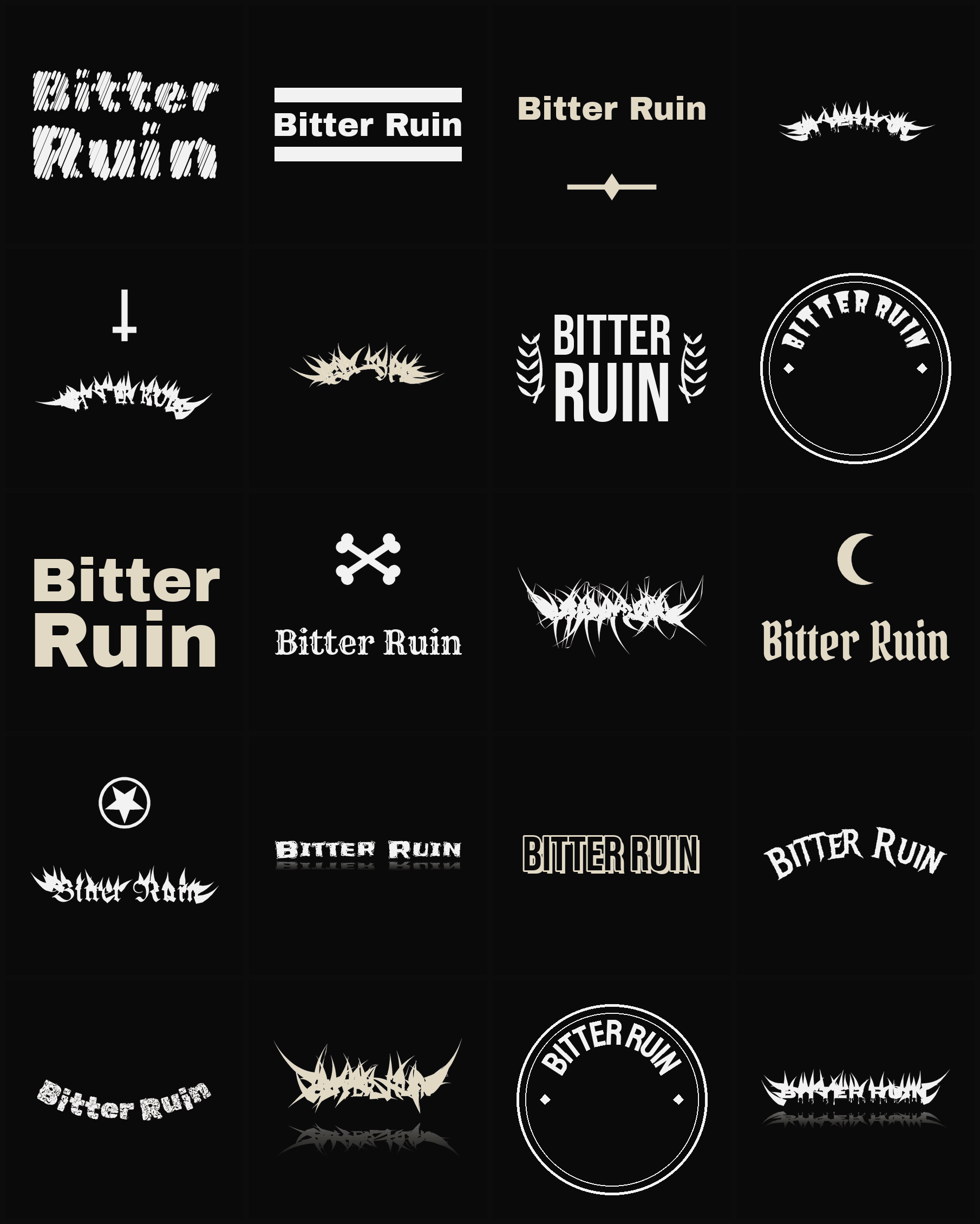 Twenty Bitter Ruin band logo ideas — different faces, treatments and spike settings