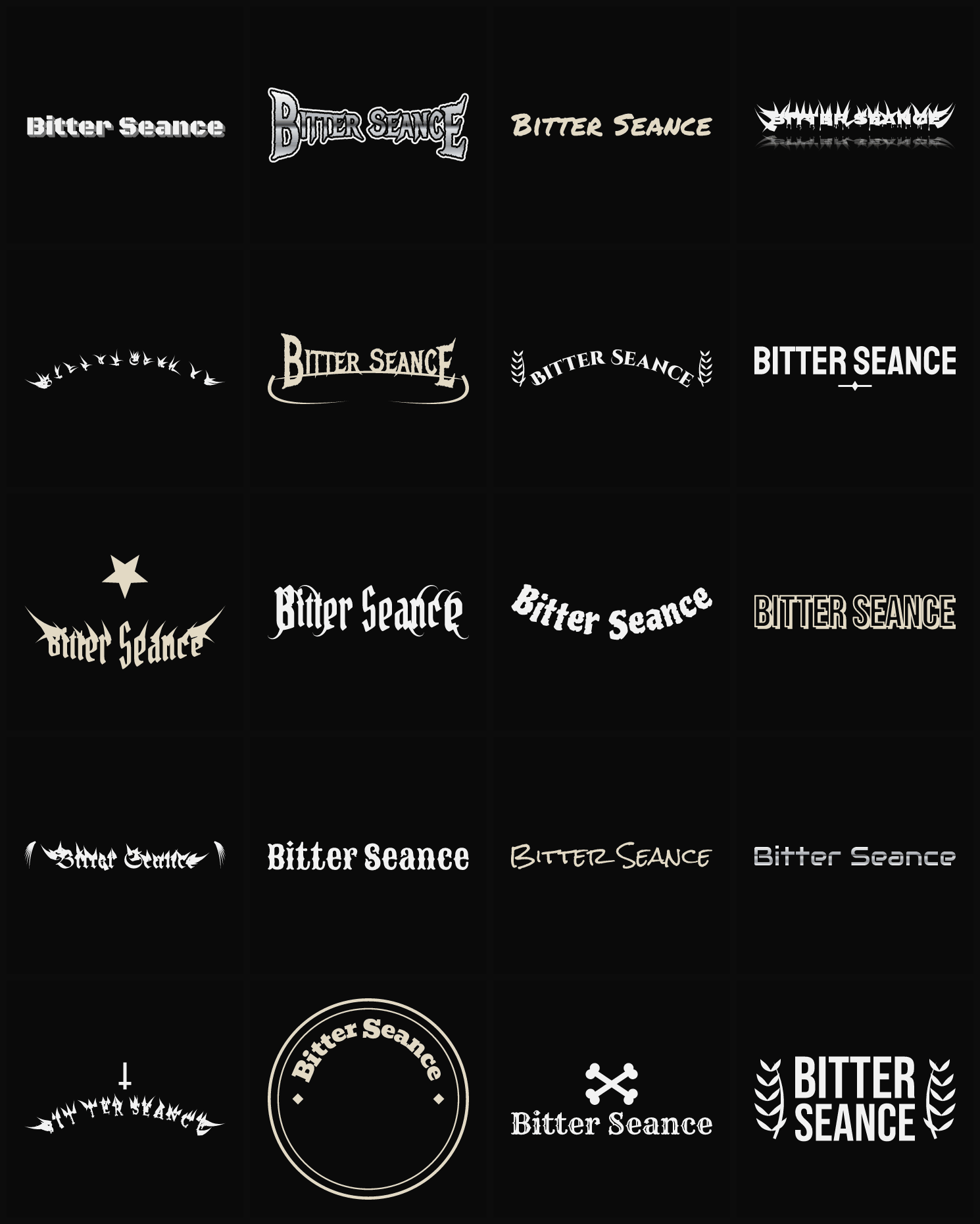 Twenty Bitter Seance band logo ideas — different faces, treatments and spike settings