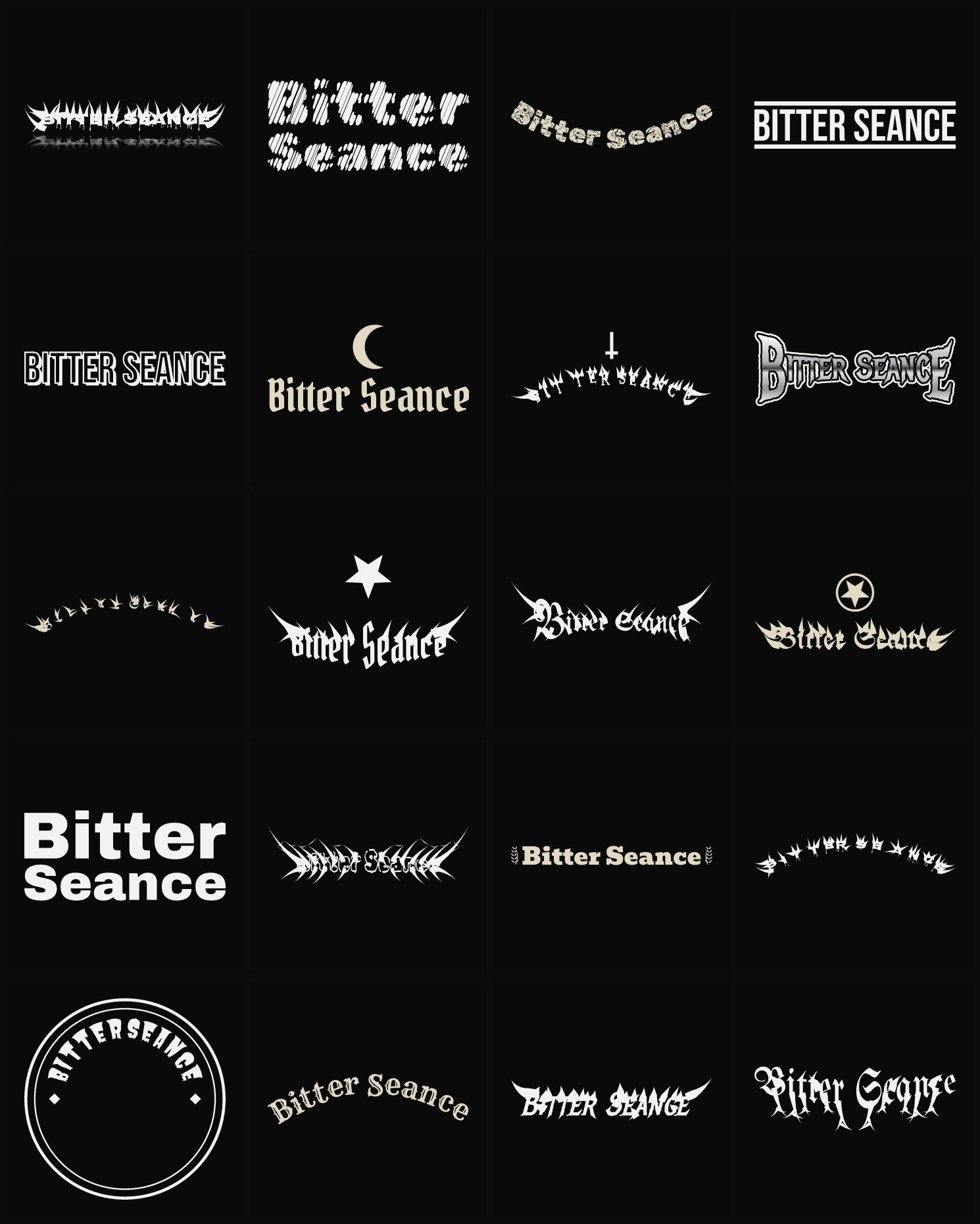 Twenty Bitter Seance band logo ideas — different faces, treatments and spike settings