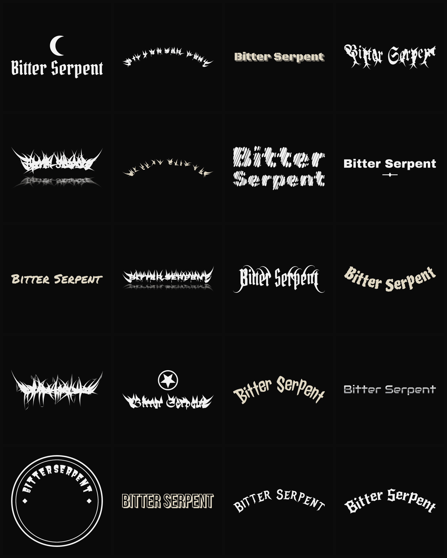Twenty Bitter Serpent band logo ideas — different faces, treatments and spike settings