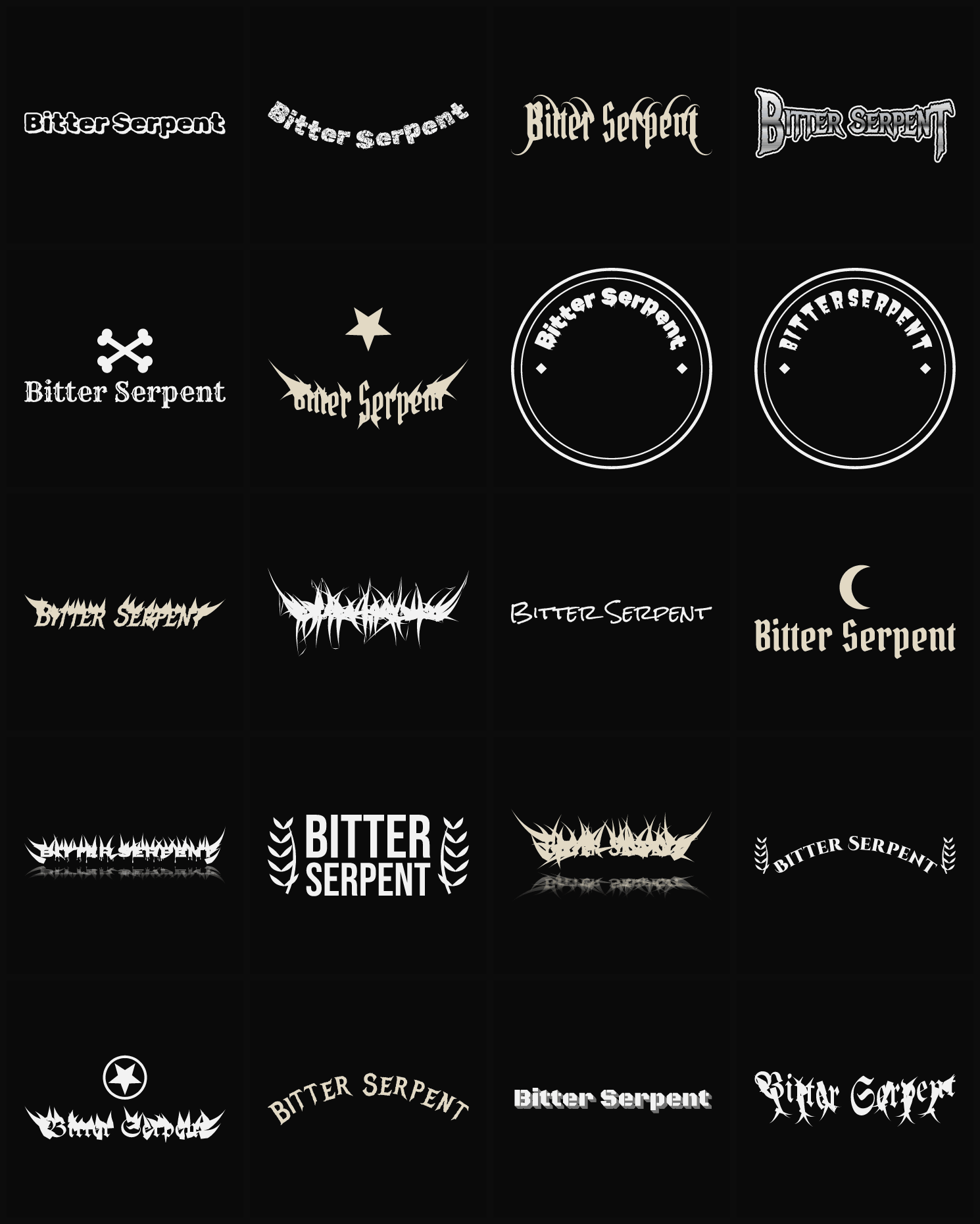 Twenty Bitter Serpent band logo ideas — different faces, treatments and spike settings