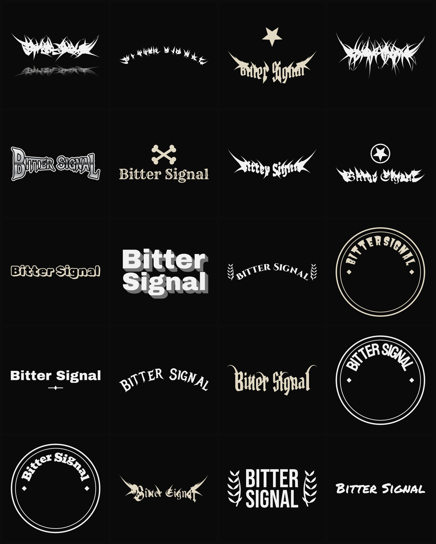 Twenty Bitter Signal band logo ideas — different faces, treatments and spike settings
