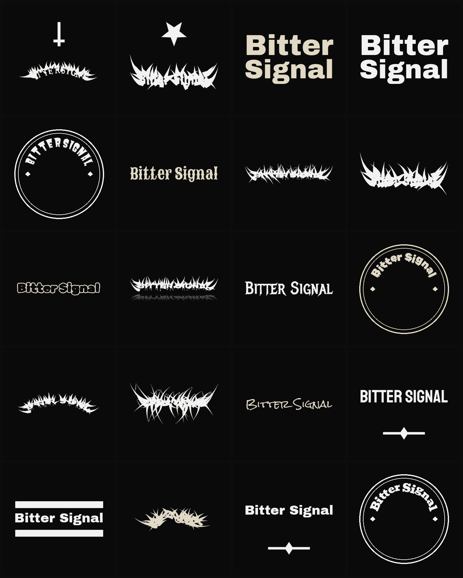 Twenty Bitter Signal band logo ideas — different faces, treatments and spike settings