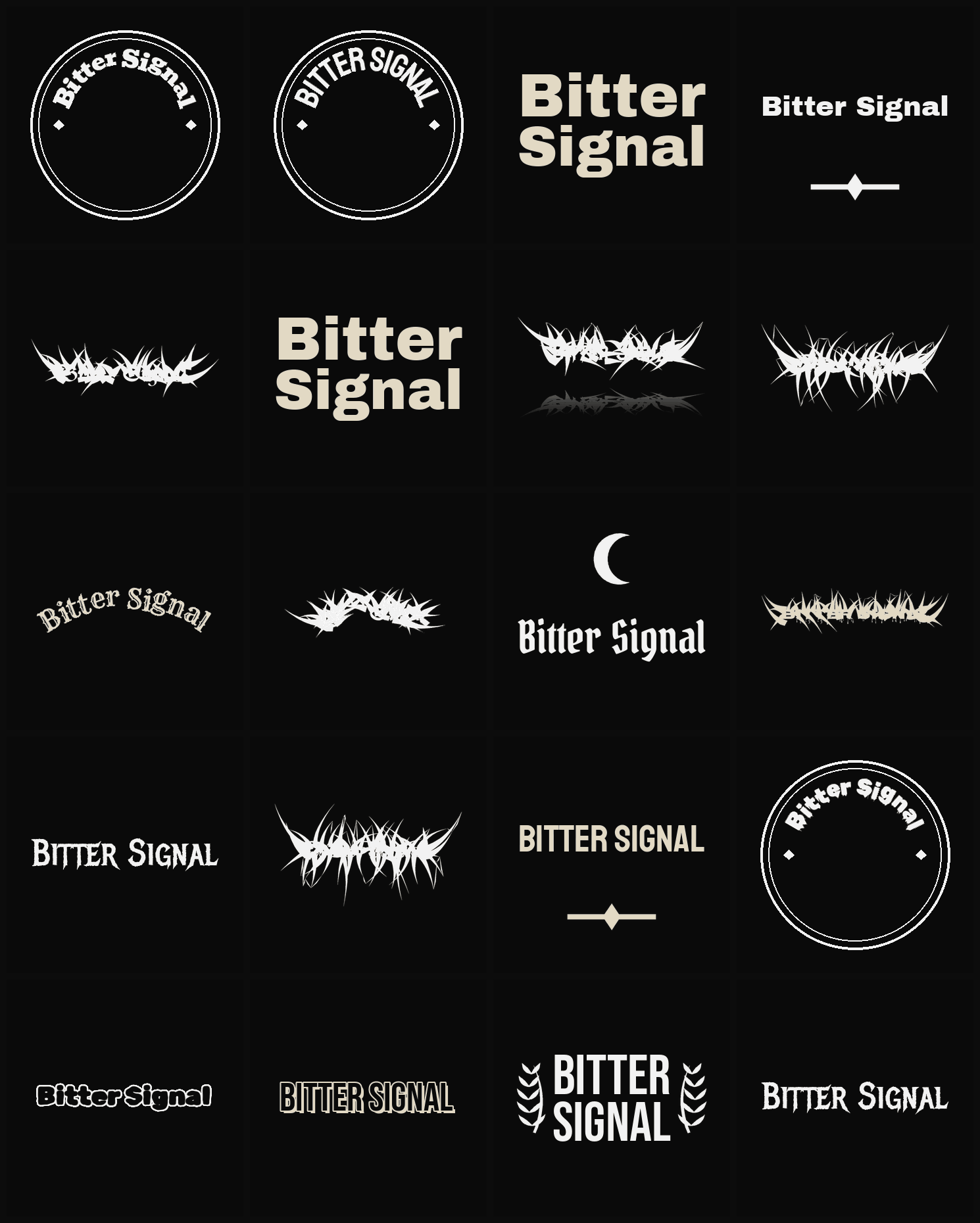 Twenty Bitter Signal band logo ideas — different faces, treatments and spike settings
