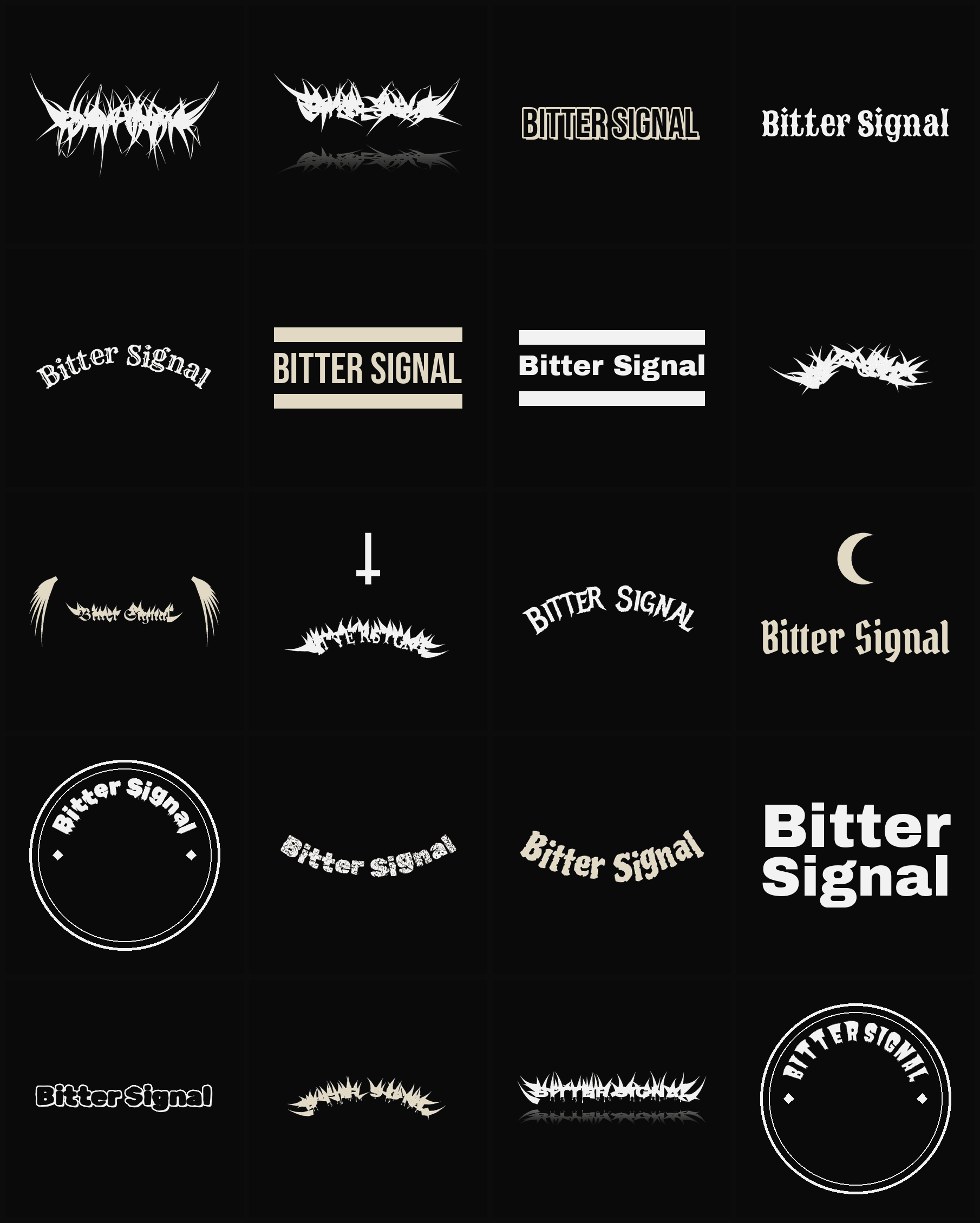 Twenty Bitter Signal band logo ideas — different faces, treatments and spike settings