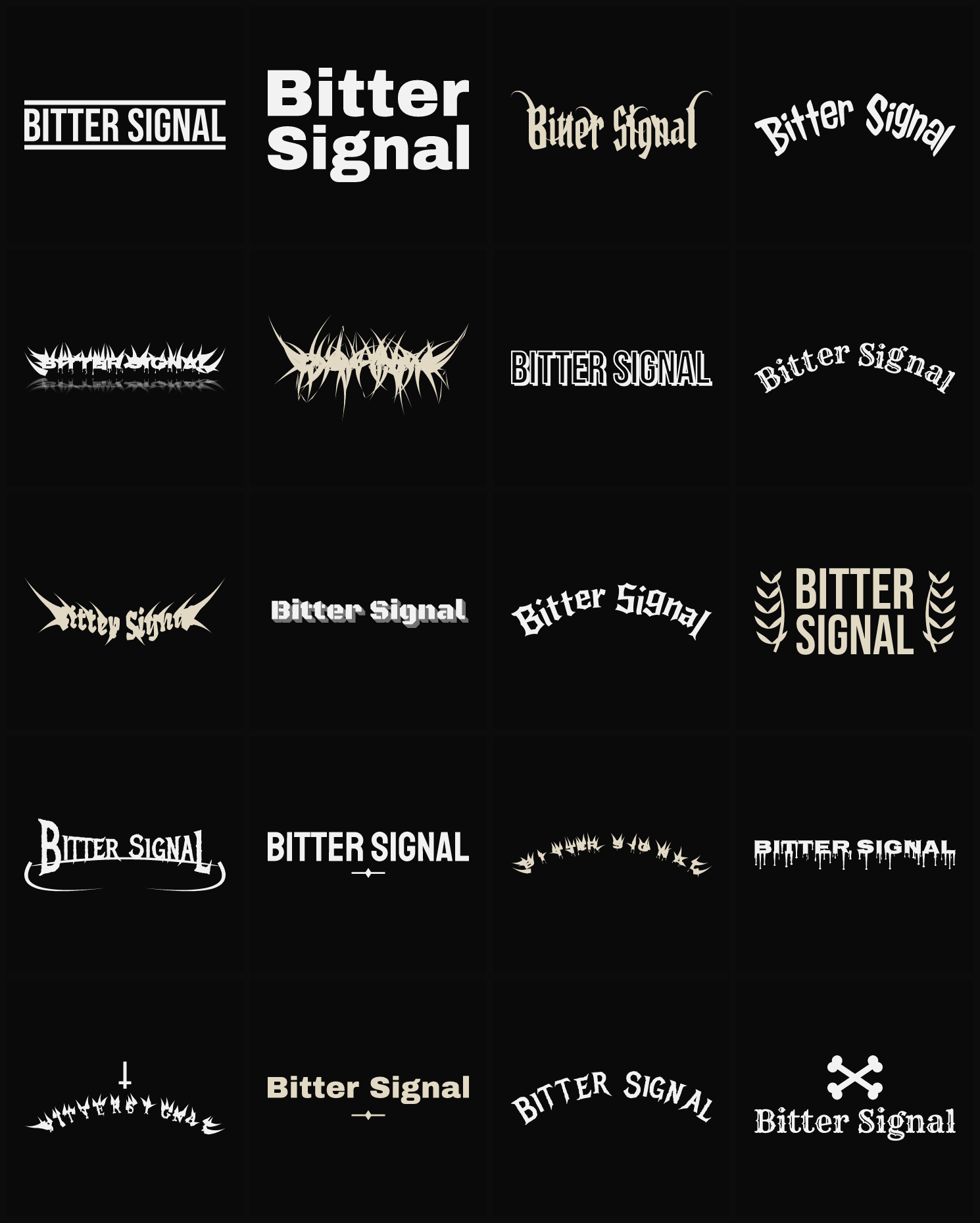 Twenty Bitter Signal band logo ideas — different faces, treatments and spike settings