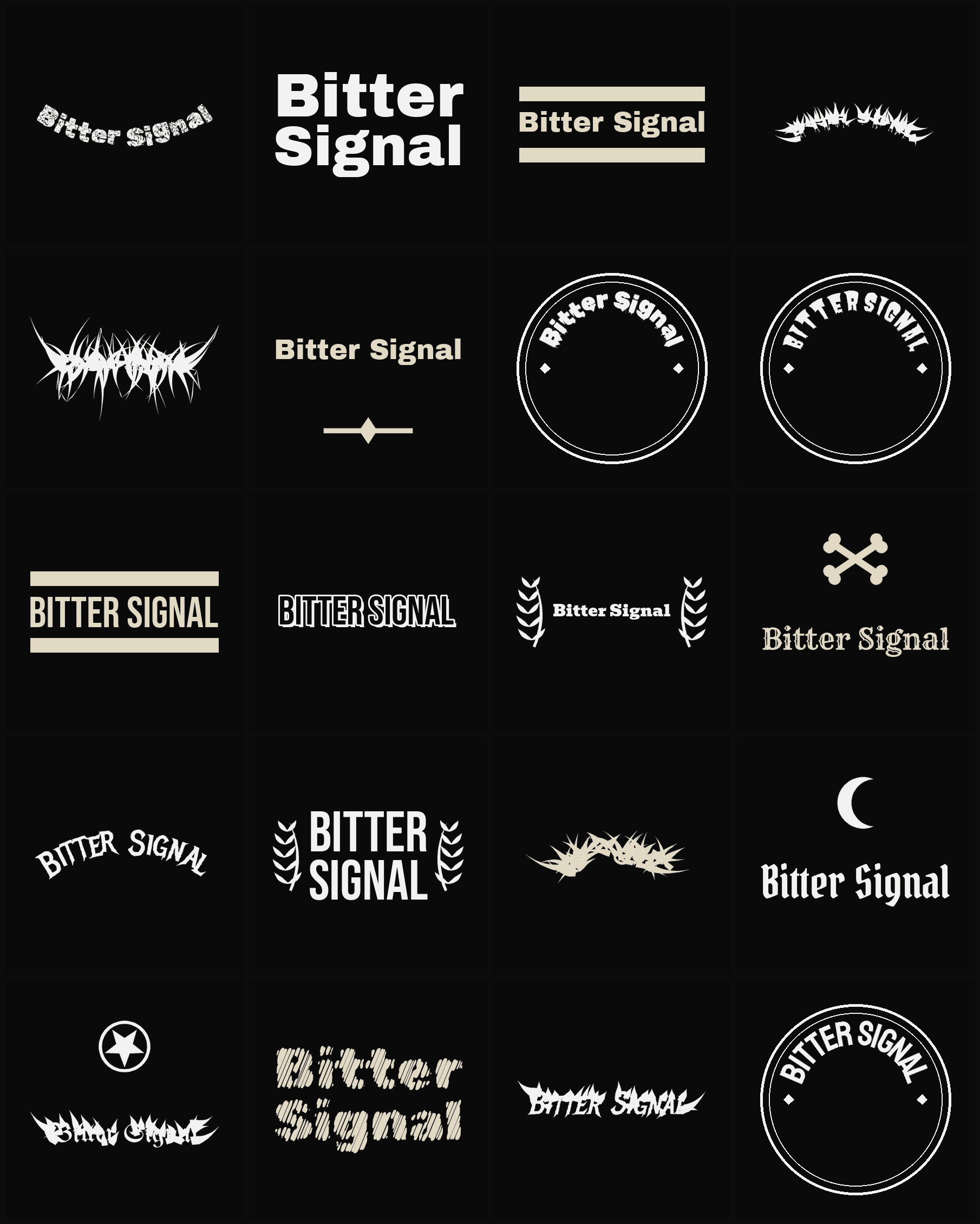 Twenty Bitter Signal band logo ideas — different faces, treatments and spike settings
