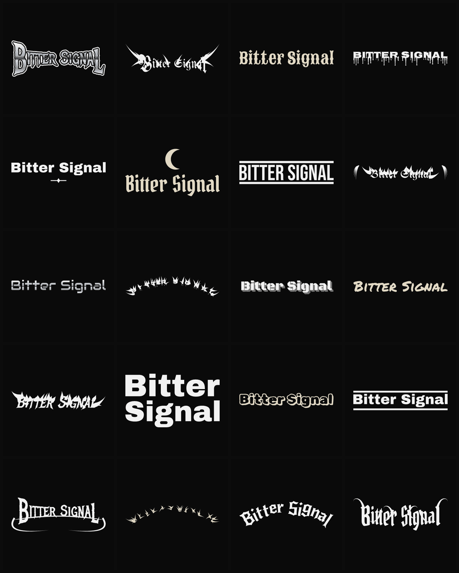 Twenty Bitter Signal band logo ideas — different faces, treatments and spike settings