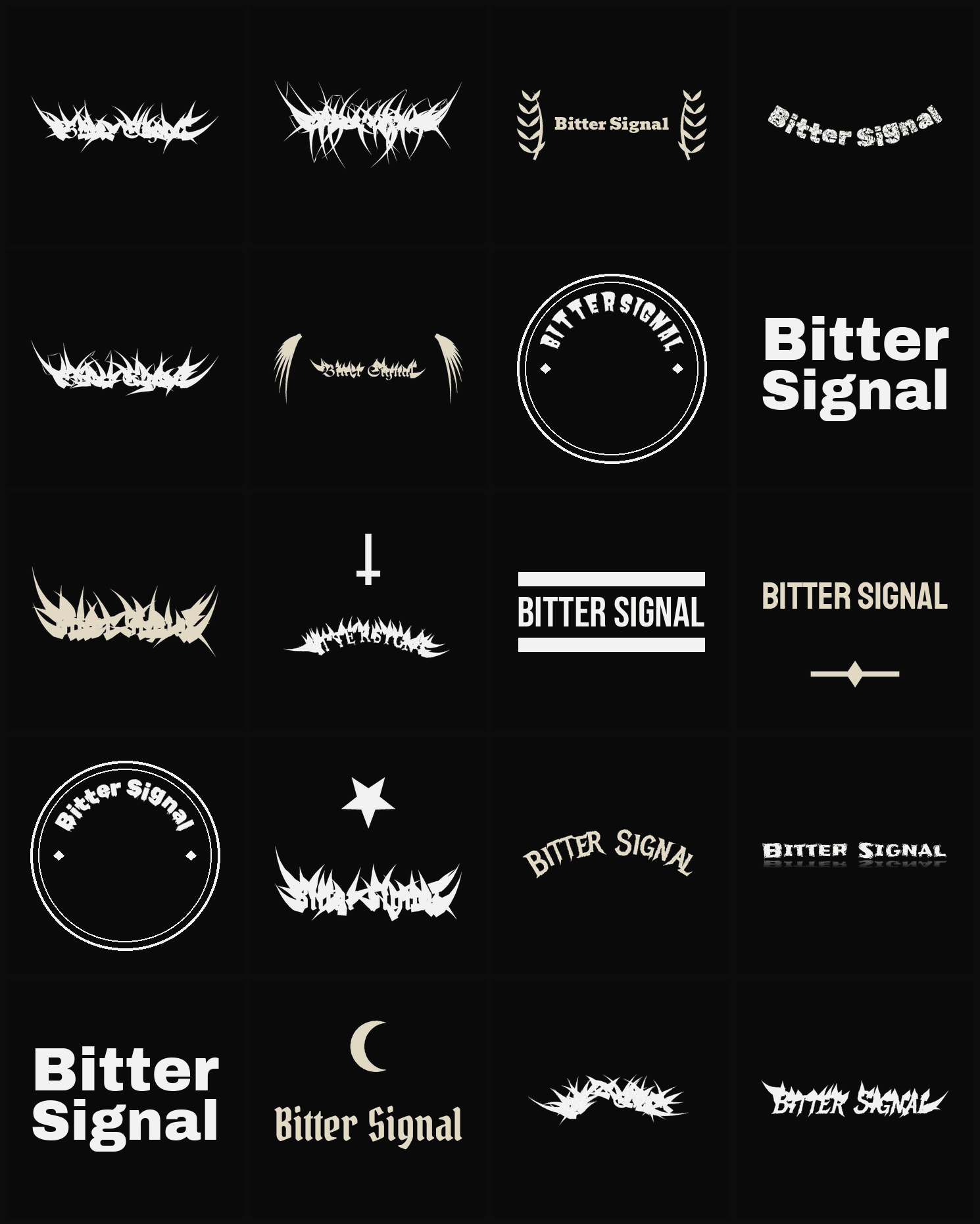 Twenty Bitter Signal band logo ideas — different faces, treatments and spike settings