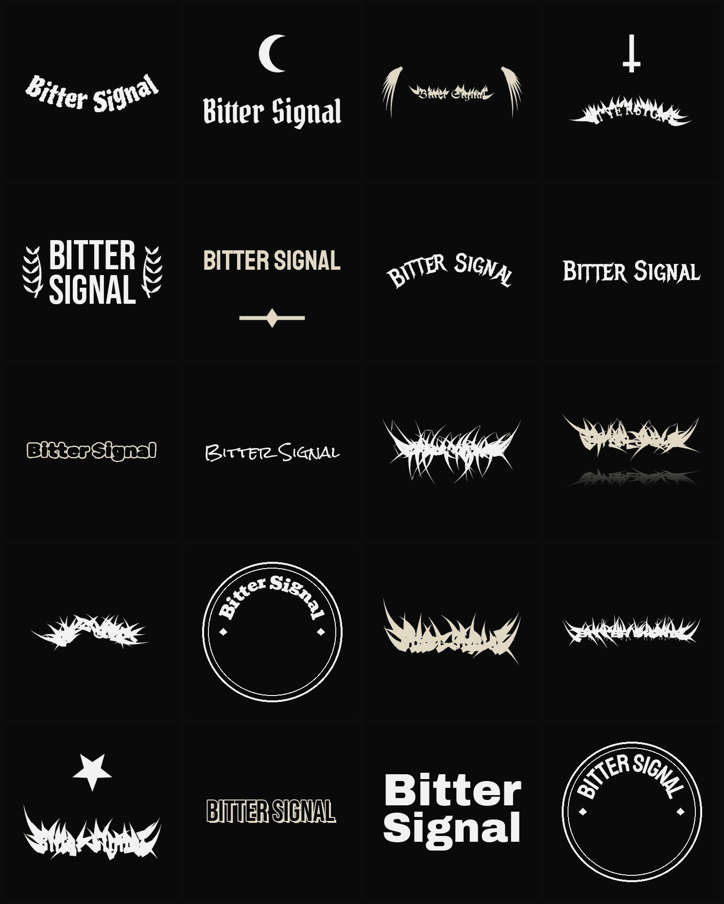 Twenty Bitter Signal band logo ideas — different faces, treatments and spike settings