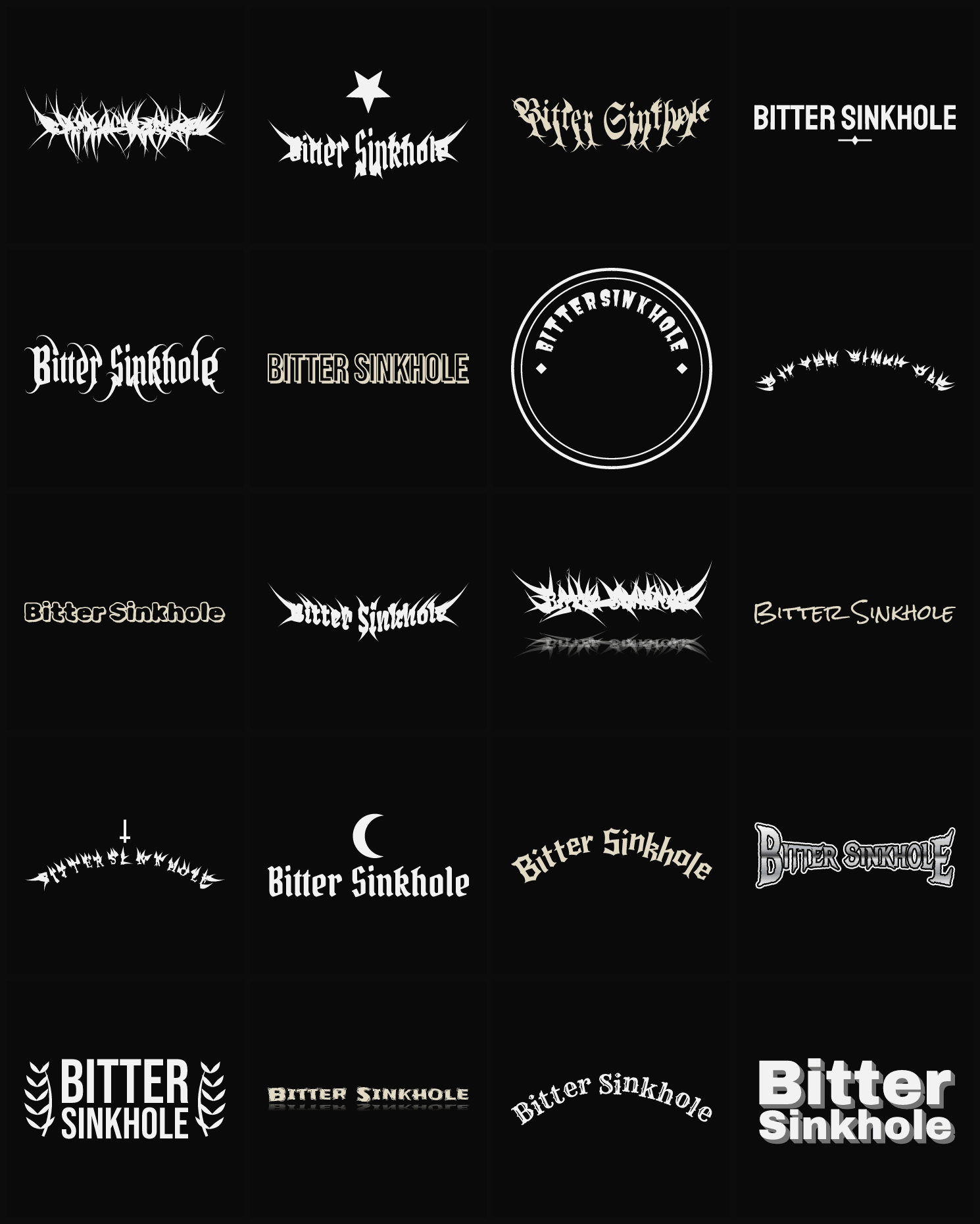 Twenty Bitter Sinkhole band logo ideas — different faces, treatments and spike settings