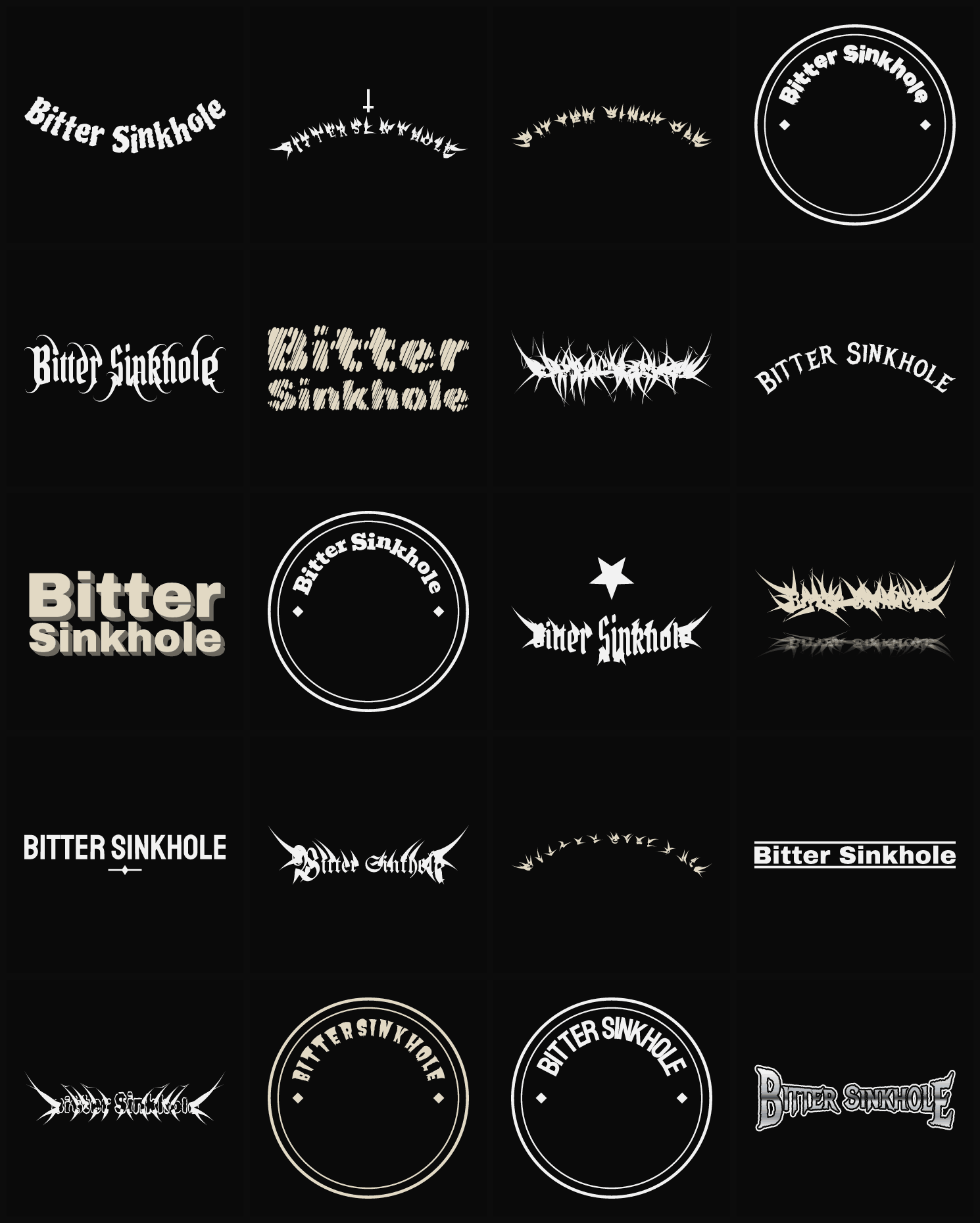 Twenty Bitter Sinkhole band logo ideas — different faces, treatments and spike settings