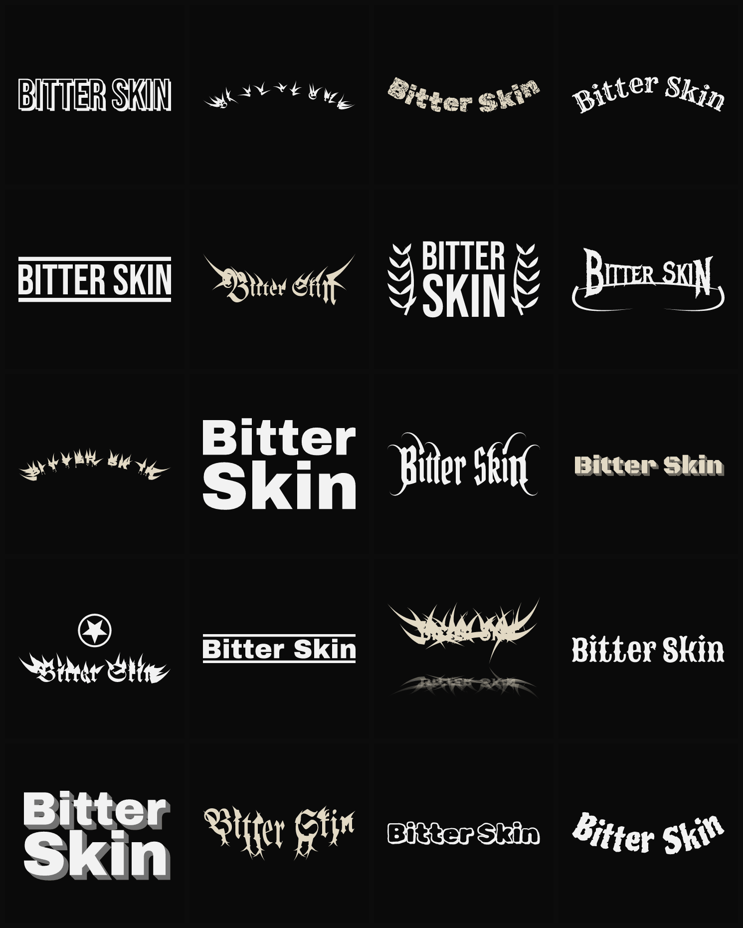 Twenty Bitter Skin band logo ideas — different faces, treatments and spike settings