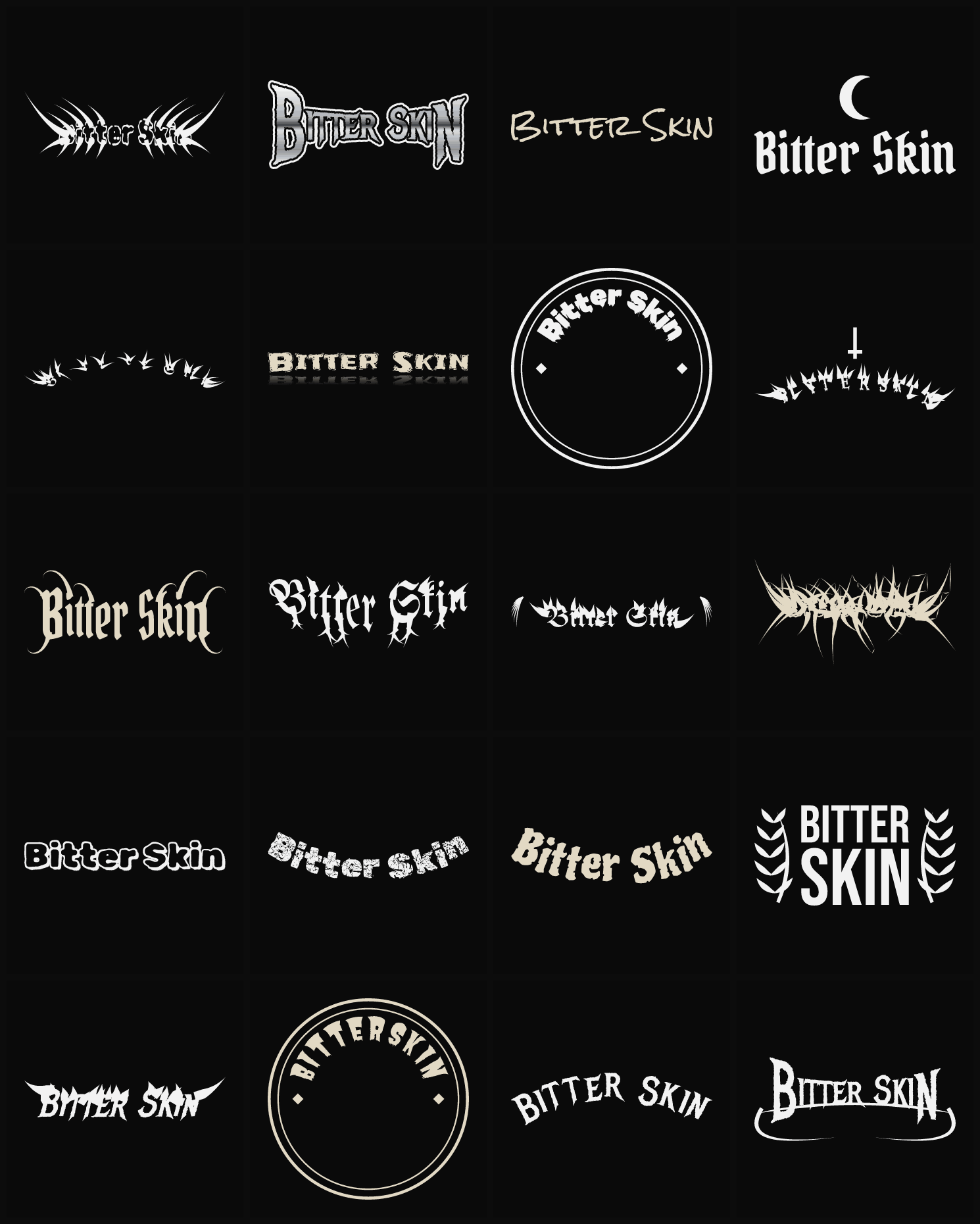 Twenty Bitter Skin band logo ideas — different faces, treatments and spike settings