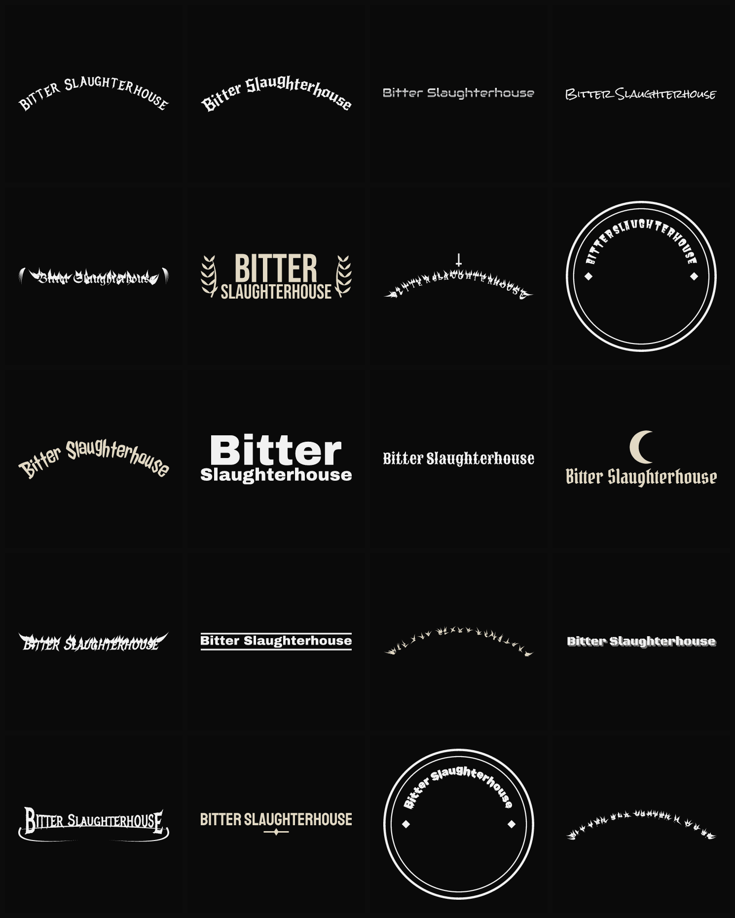 Twenty Bitter Slaughterhouse band logo ideas — different faces, treatments and spike settings